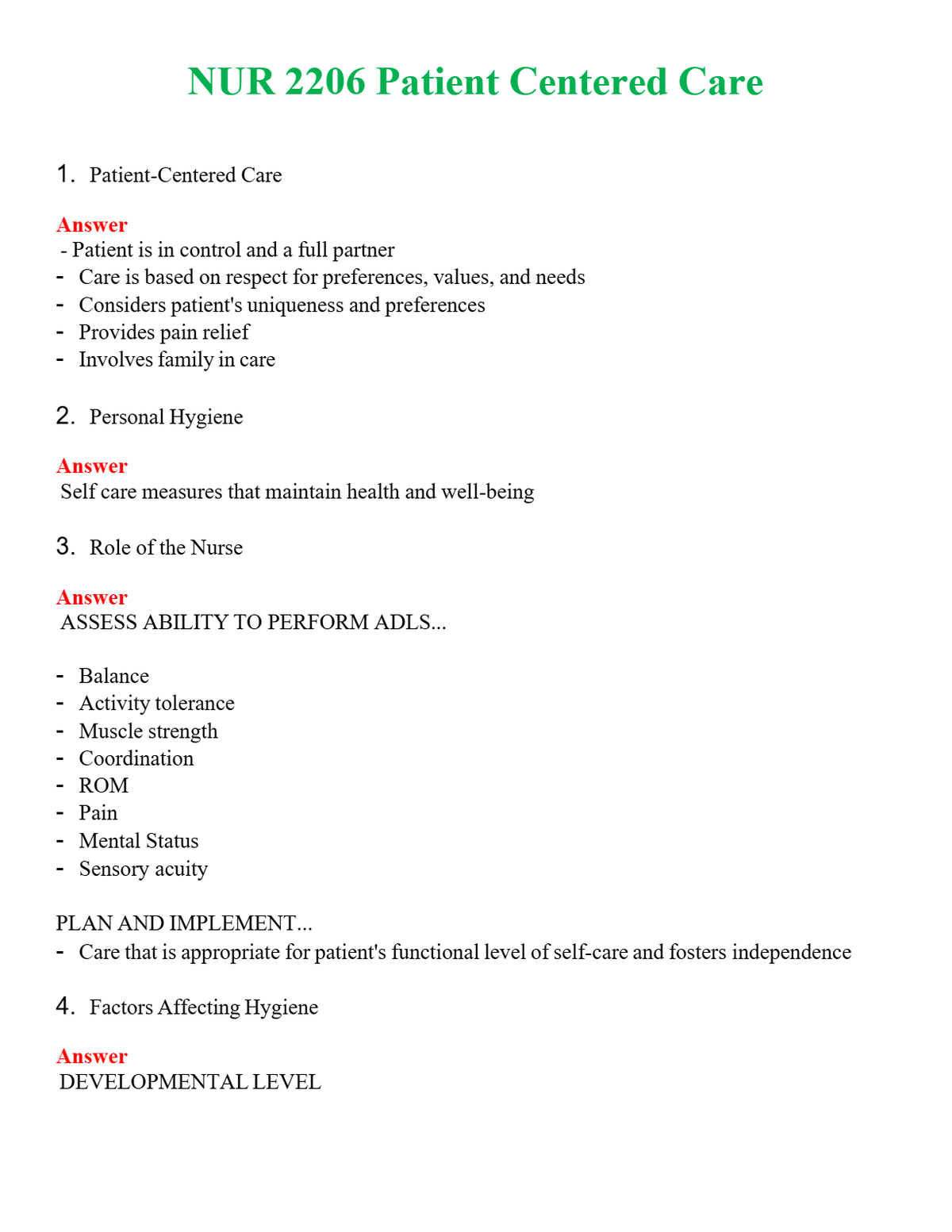 NUR 2206 PATIENT CENTERED CARE | PASSED | A+ RATED GUIDE | NEW FULL EXAM