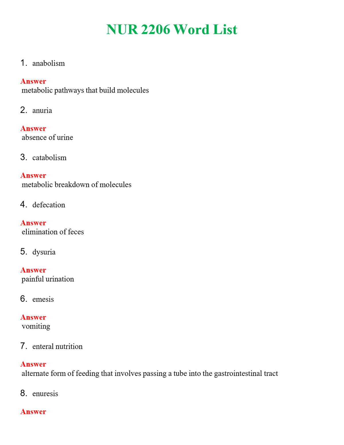NUR 2206 WORD LIST | QUESTIONS & ANSWERS (SOLVED)