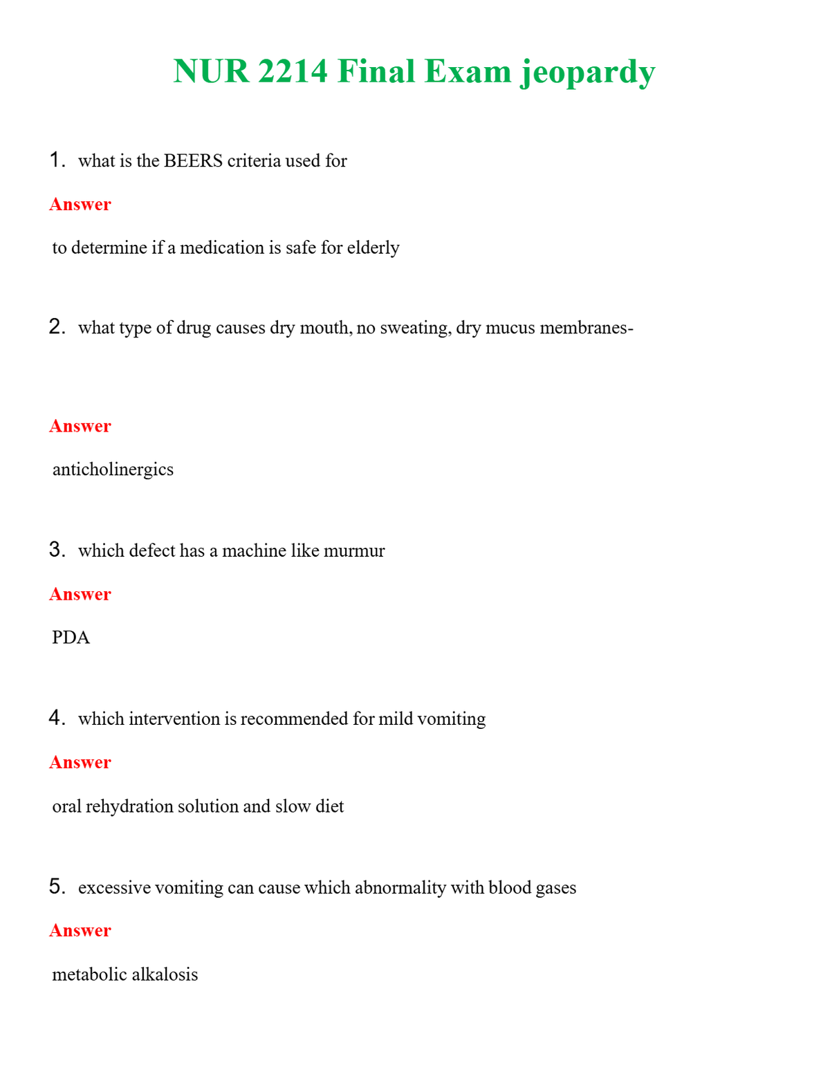 NUR 2214 FINAL EXAM JEOPARDY | GRADED A+ QUESTIONS & ANSWERS
