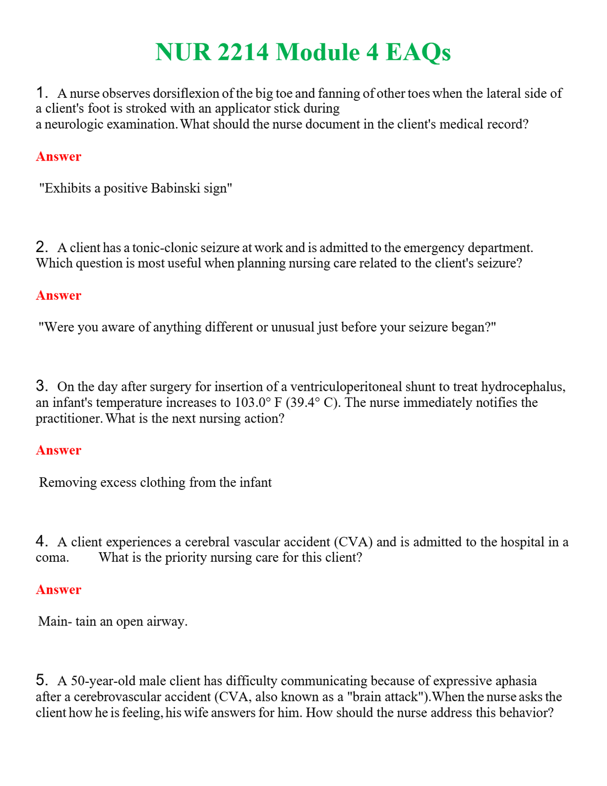 NUR 2214 MODULE 4 EAQS | QUESTIONS AND ANSWERS INCLUDED