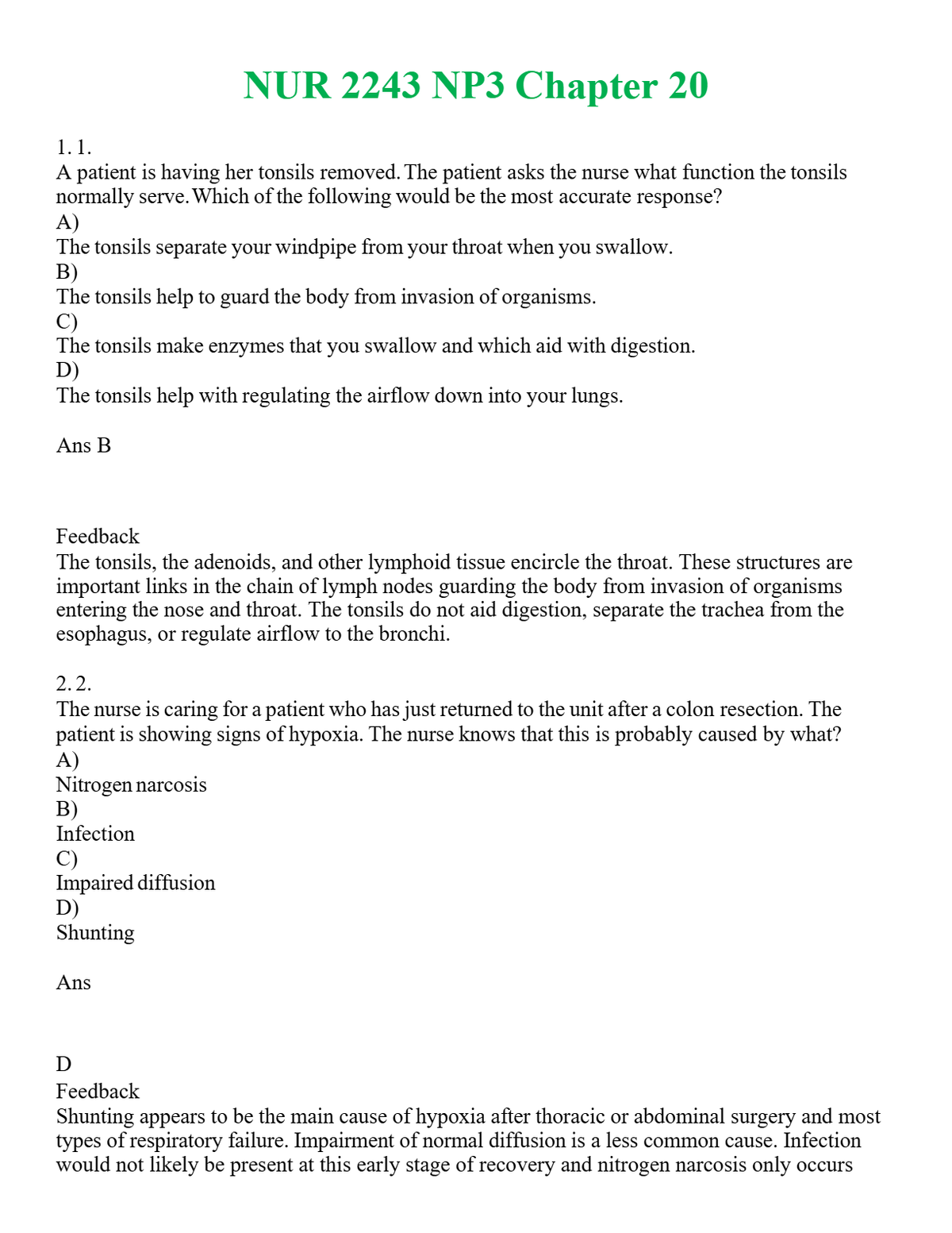 NUR 2243 NP3 CHAPTER 20 | ACTUAL QUESTIONS AND ANSWERS 100% CORRECT
