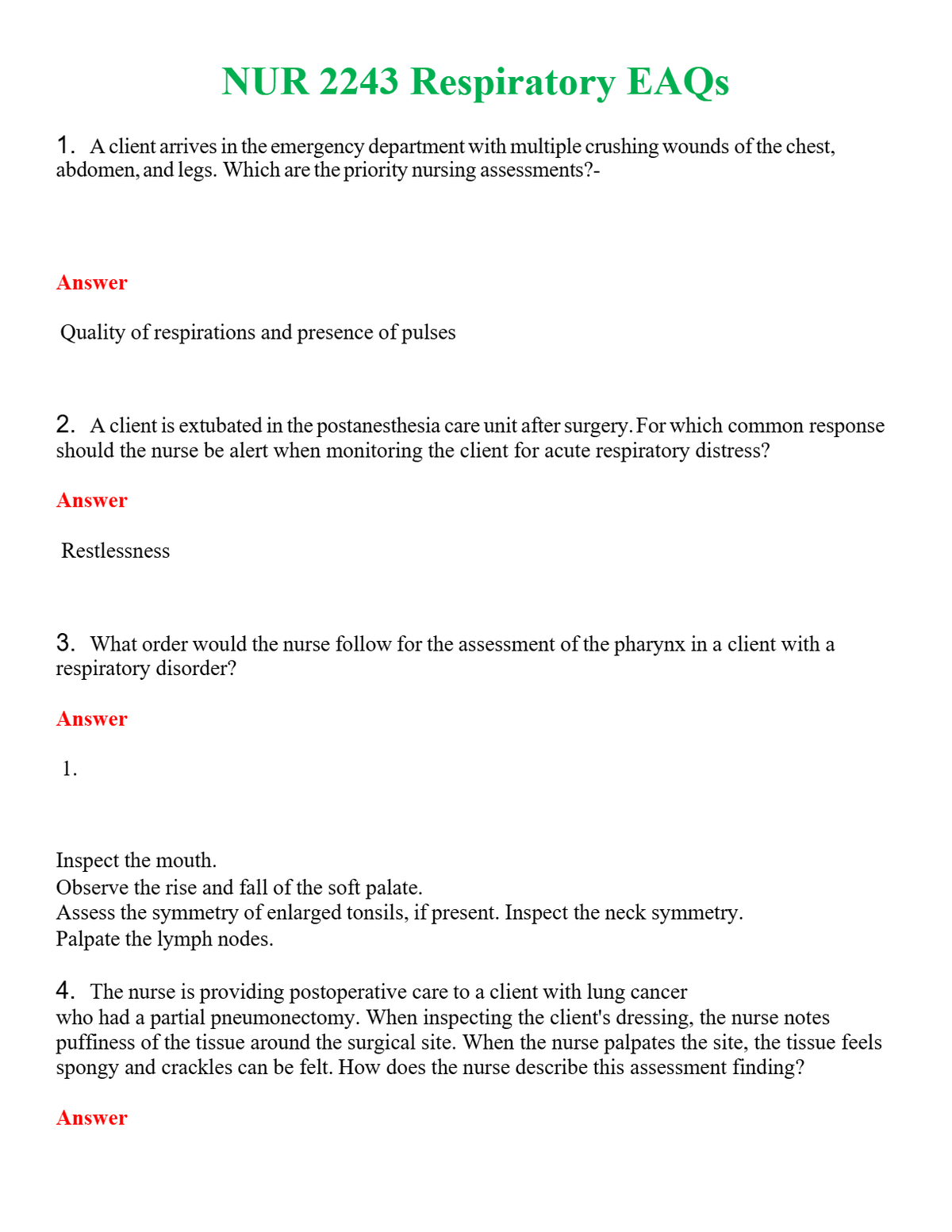 NUR 2243 RESPIRATORY EAQS | NEW FULL QUESTIONS AND ANSWERS 100% CORRECT