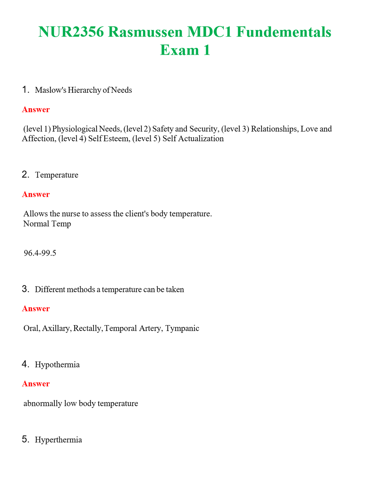 NUR 2356 RASMUSSEN MDC1 FUNDEMENTALS EXAM 1 | COMPLETE ANSWERS 100% CORRECT