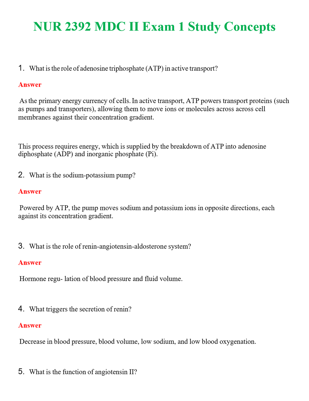NUR 2392 MDC II EXAM 1 STUDY CONCEPTS | COMPLETE ANSWERS 100% CORRECT