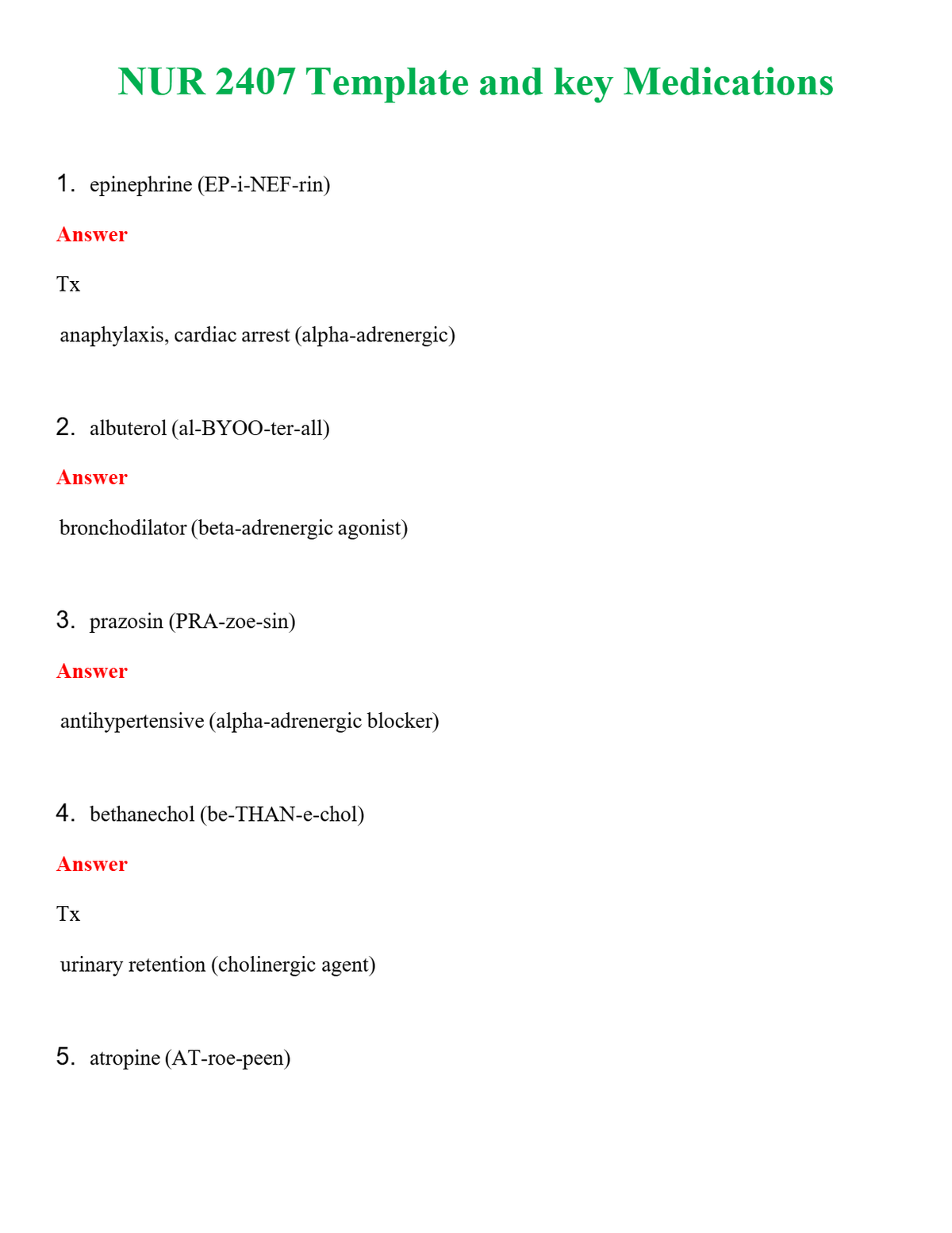 NUR 2407 TEMPLATE AND KEY MEDICATIONS | QUESTIONS & ANSWERS (SOLVED)