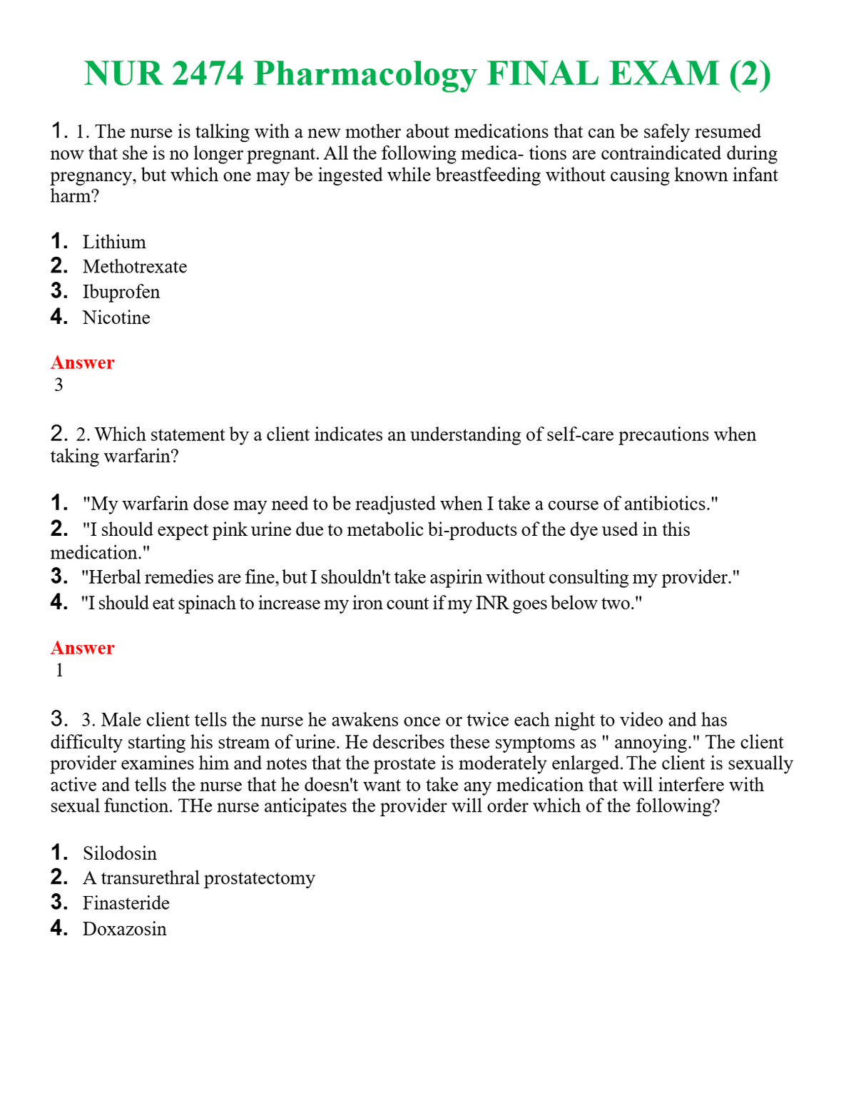 NUR 2474 PHARMACOLOGY FINAL EXAM (2) | QUESTIONS & ANSWERS (SOLVED)