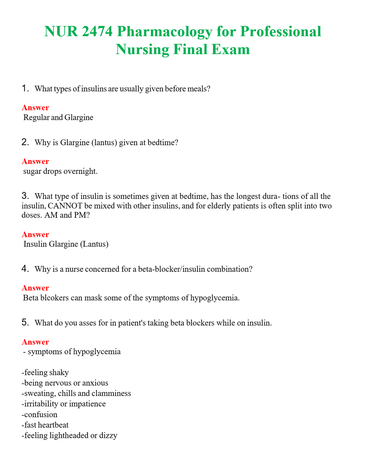 NUR 2474 PHARMACOLOGY FOR PROFESSIONAL NURSING FINAL EXAM | GRADED A+ QUESTIONS AND ANSWERS (SOLVED)