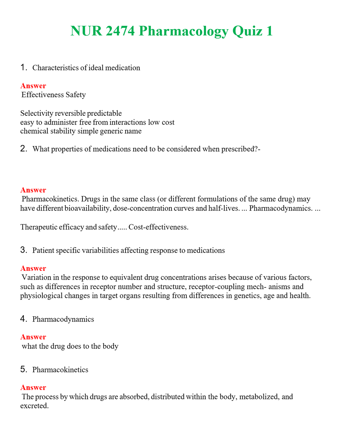 NUR 2474 PHARMACOLOGY QUIZ 1 | ACTUAL QUESTIONS AND ANSWERS 100% CORRECT