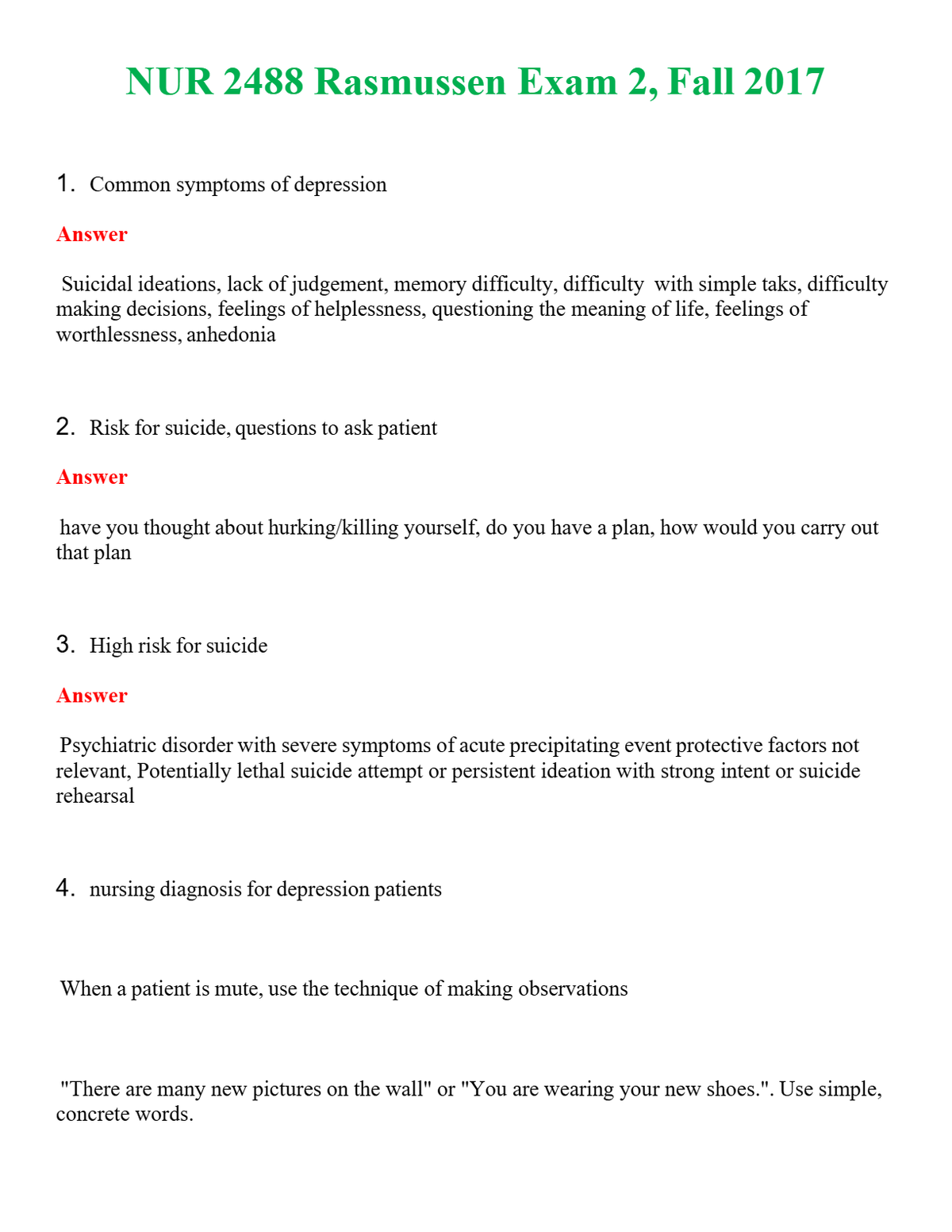 NUR 2488 RASMUSSEN EXAM 2, FALL 2017 | QUESTIONS AND ANSWERS INCLUDED