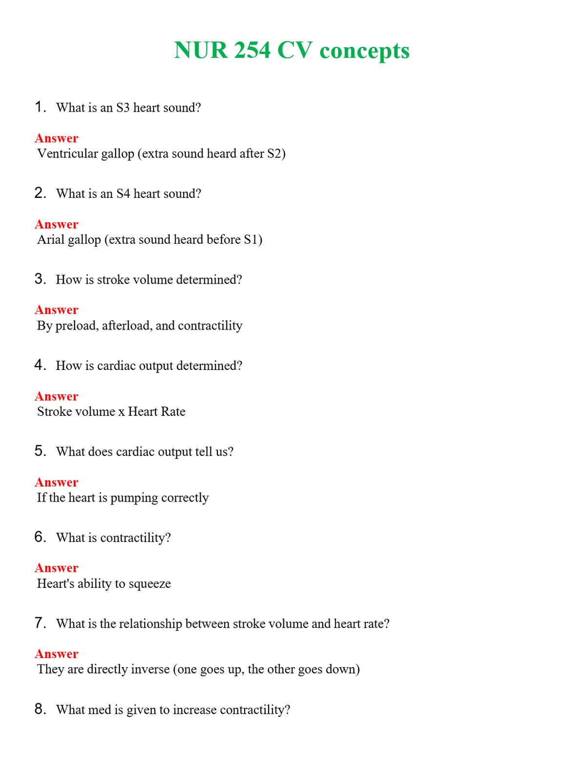 NUR 254 CV CONCEPTS | COMPLETE ANSWERS 100% CORRECT