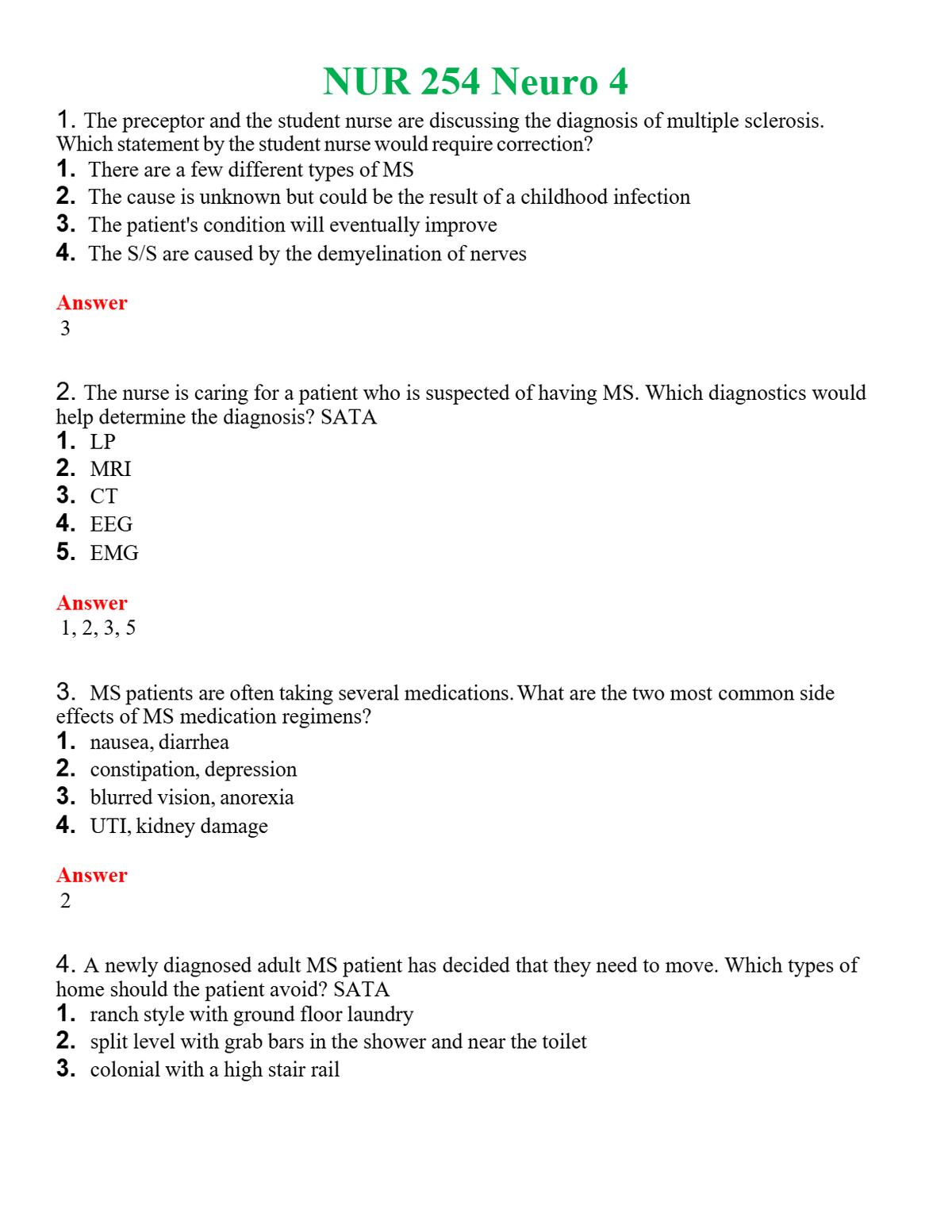 NUR 254 NEURO 4 | GRADED A+ QUESTIONS AND ANSWERS (SOLVED)