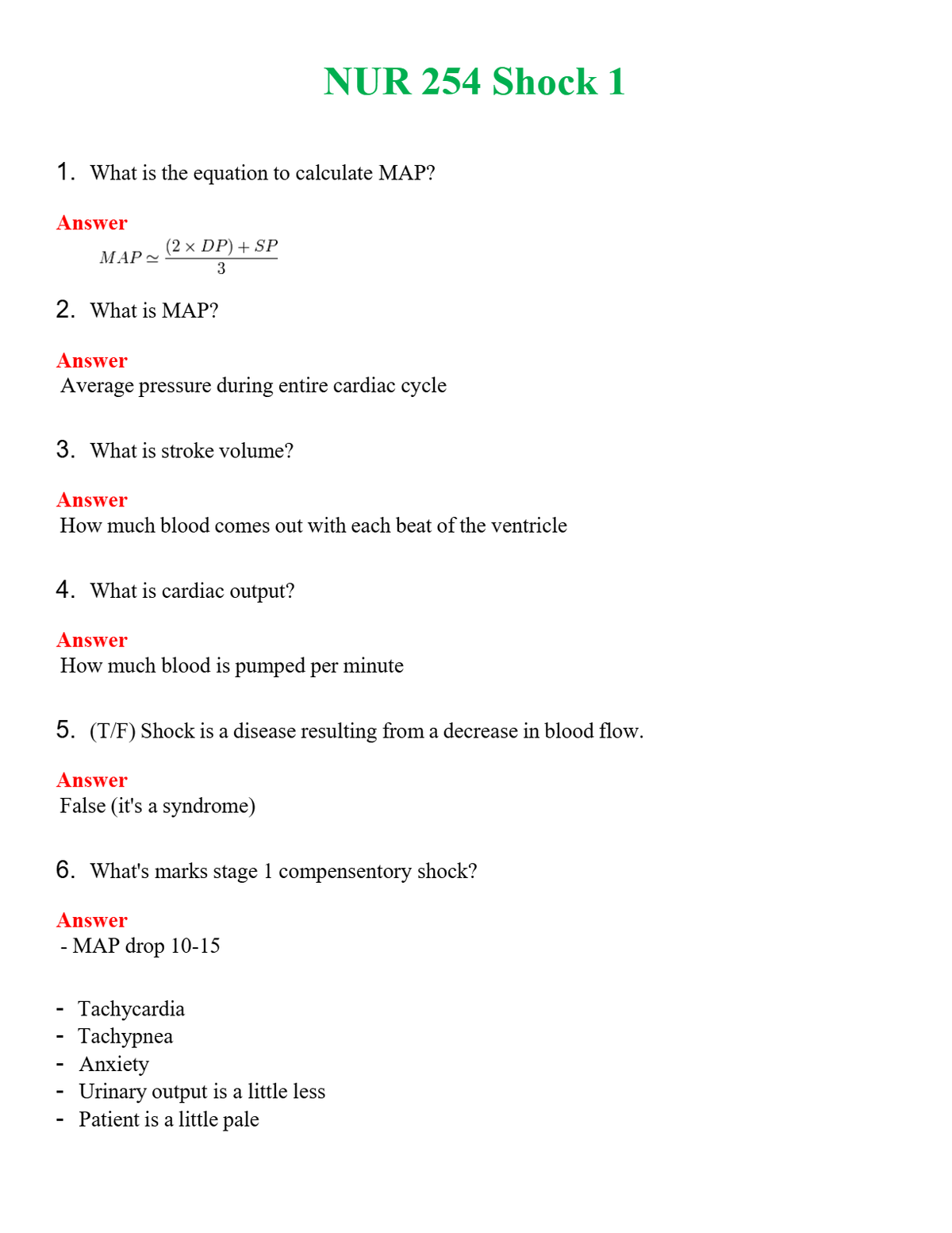 NUR 254 SHOCK 1 | A+ RATED GUIDE | QUESTIONS AND ANSWERS (SOLVED)