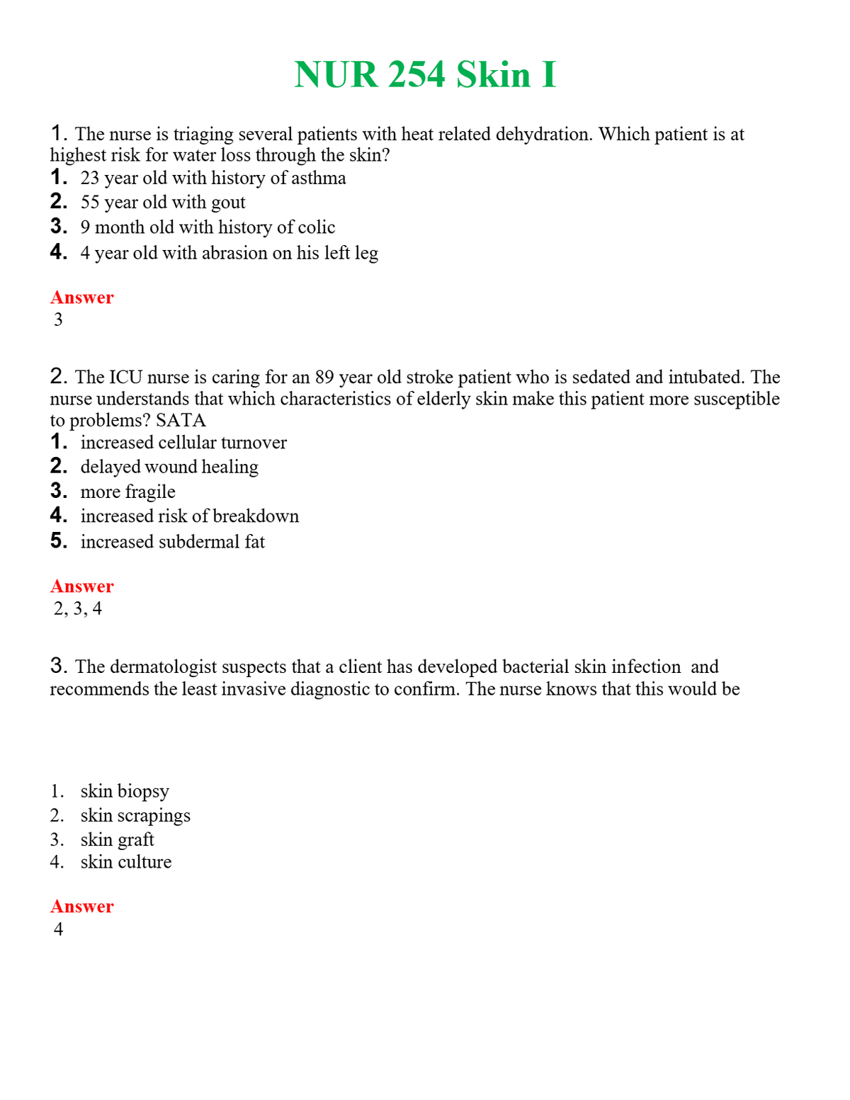 NUR 254 SKIN I | QUESTIONS & ANSWERS (SOLVED)