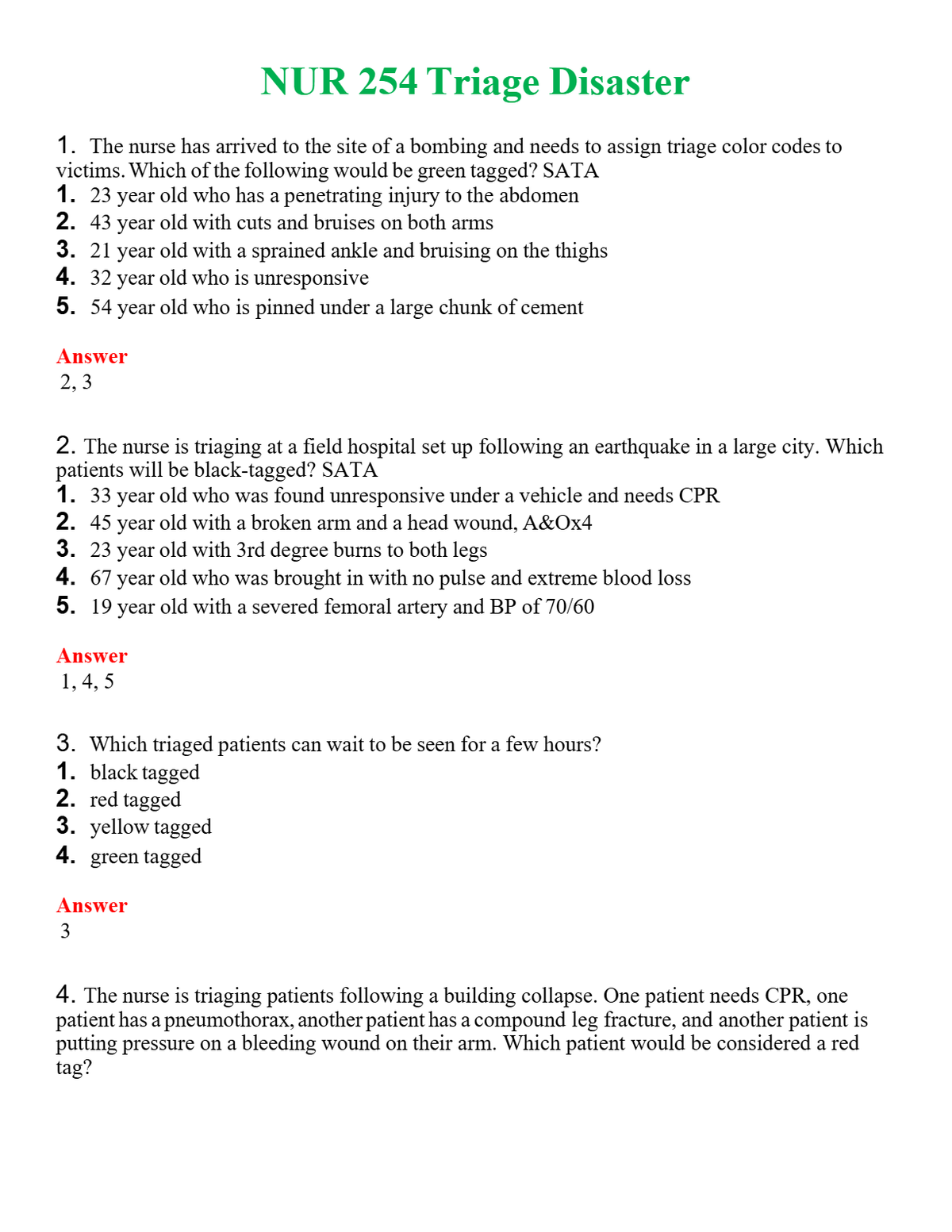 NUR 254 TRIAGE DISASTER | PASSED | A+ RATED GUIDE | NEW FULL EXAM