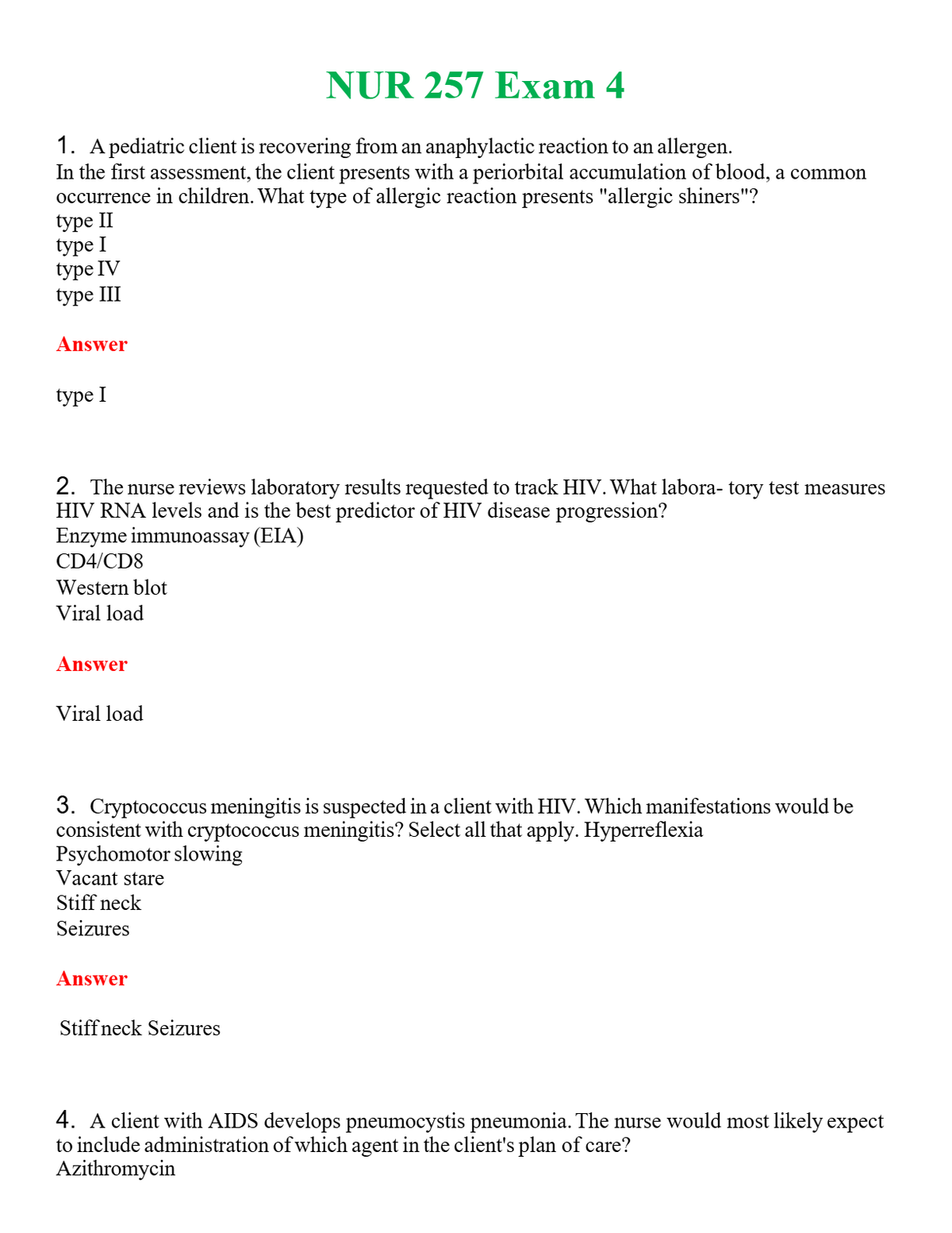 NUR 257 EXAM 4 | QUESTIONS & ANSWERS (SOLVED)