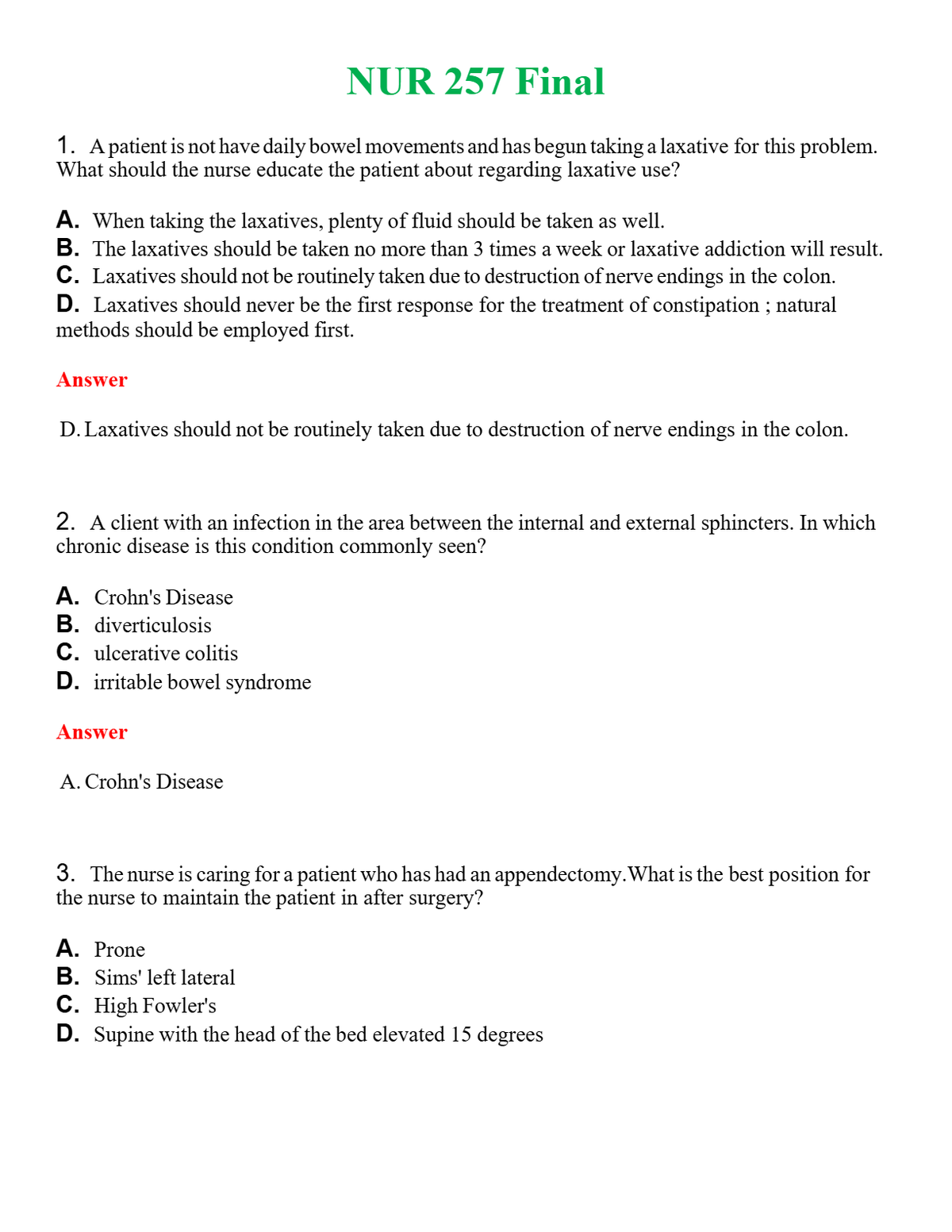NUR 257 FINAL | QUESTIONS AND ANSWERS INCLUDED