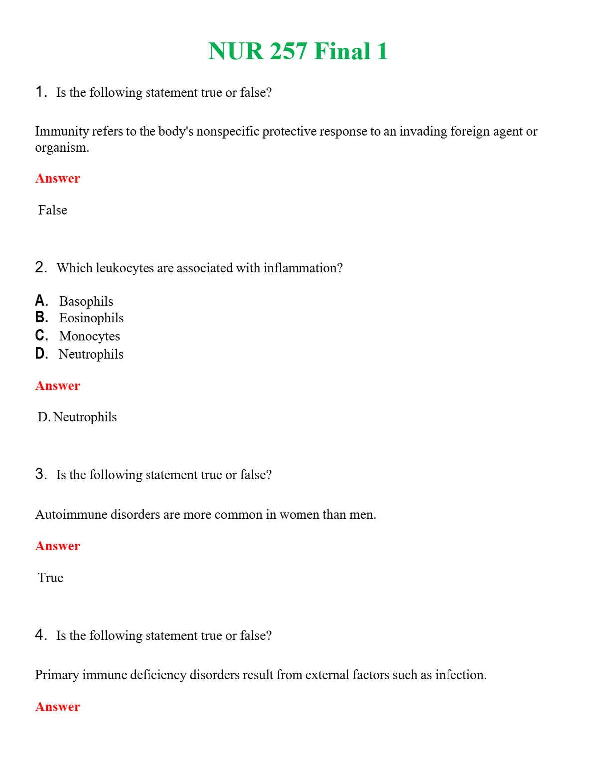 NUR 257 FINAL 1 | A++ EXAM WITH ALL NEW QS & AS - GUARANTEED PASS!