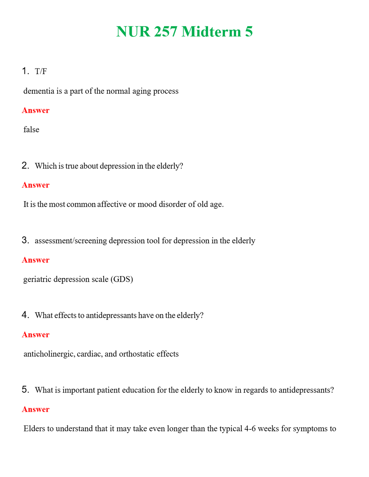 NUR 257 MIDTERM 5 | COMPLETE QUESTIONS & ANSWERS (SOLVED) 100% CORRECT