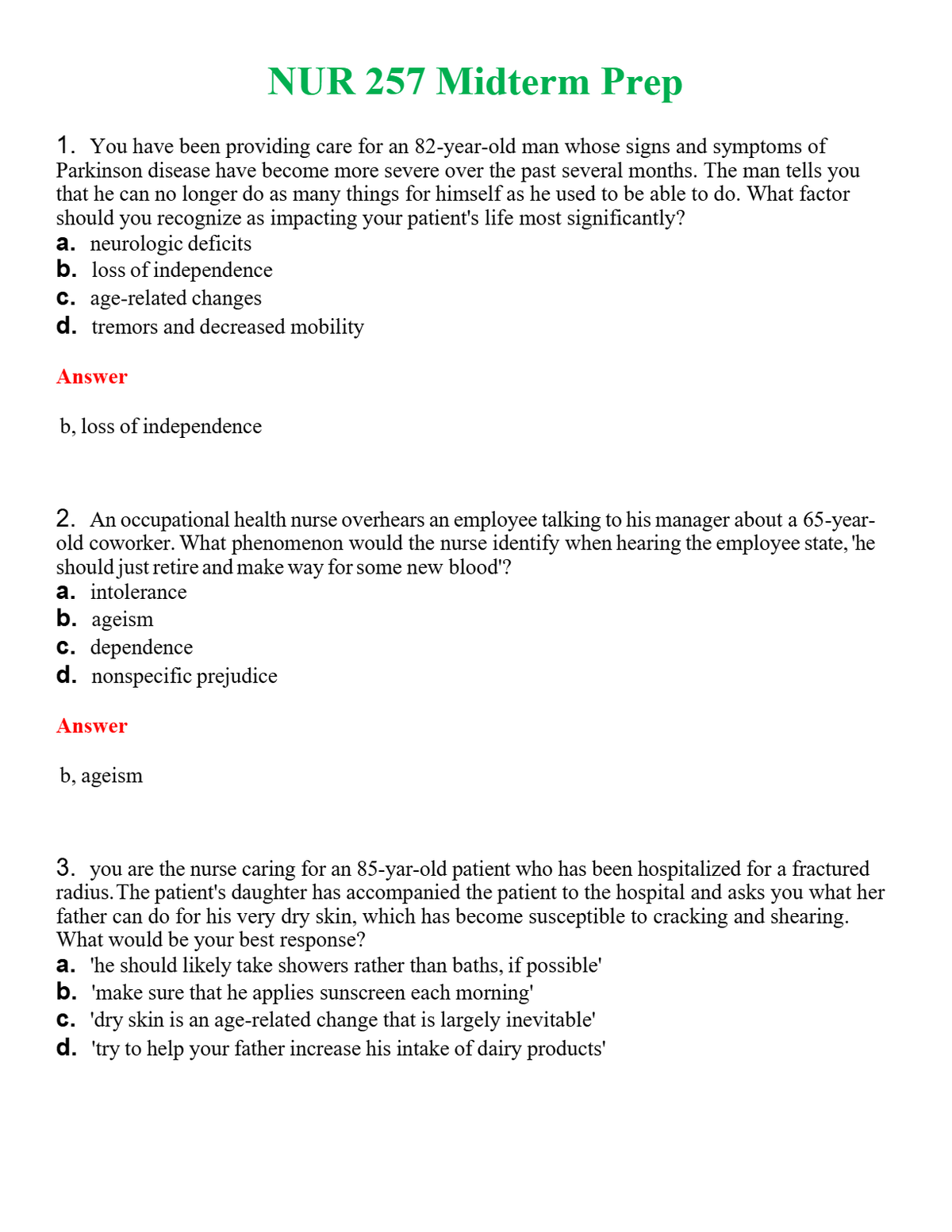 NUR 257 MIDTERM PREP | QUESTIONS AND ANSWERS INCLUDED