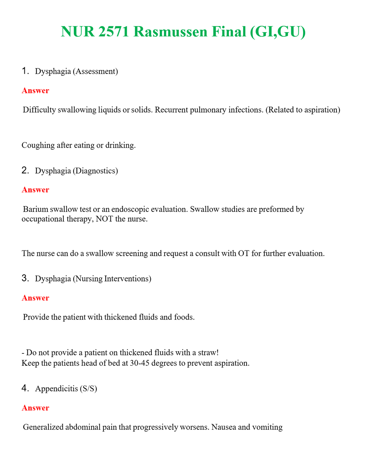 NUR 2571 RASMUSSEN FINAL (GI,GU) | COMPLETE ANSWERS 100% CORRECT