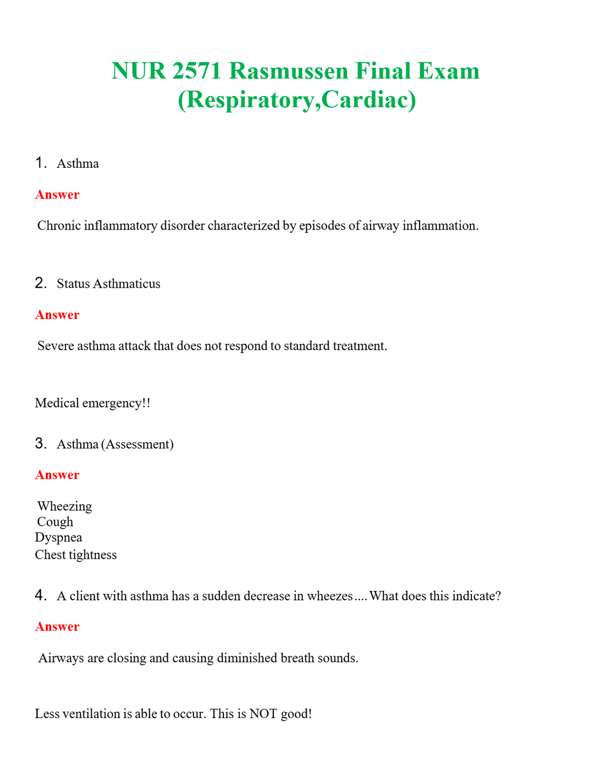 NUR 2571 RASMUSSEN FINAL EXAM (RESPIRATORY,CARDIAC) | GRADED A+ QUESTIONS & ANSWERS