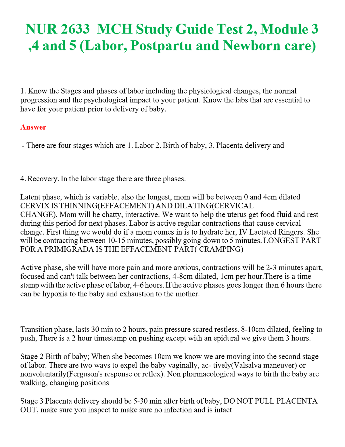 NUR 2633 MCH STUDY GUIDE TEST 2, MODULE 3 ,4 AND 5 (LABOR, POSTPARTUM AND NEWBORN CARE) | COMPLETE ANSWERS 100% CORRECT