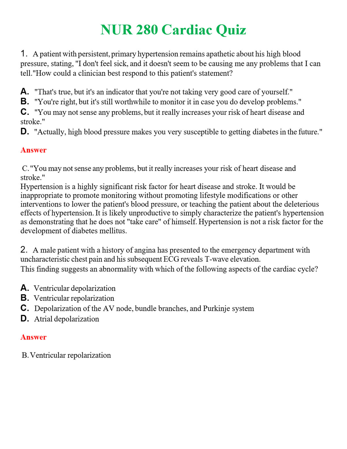 NUR 280 CARDIAC QUIZ | A+ RATED GUIDE | QUESTIONS AND ANSWERS (SOLVED)
