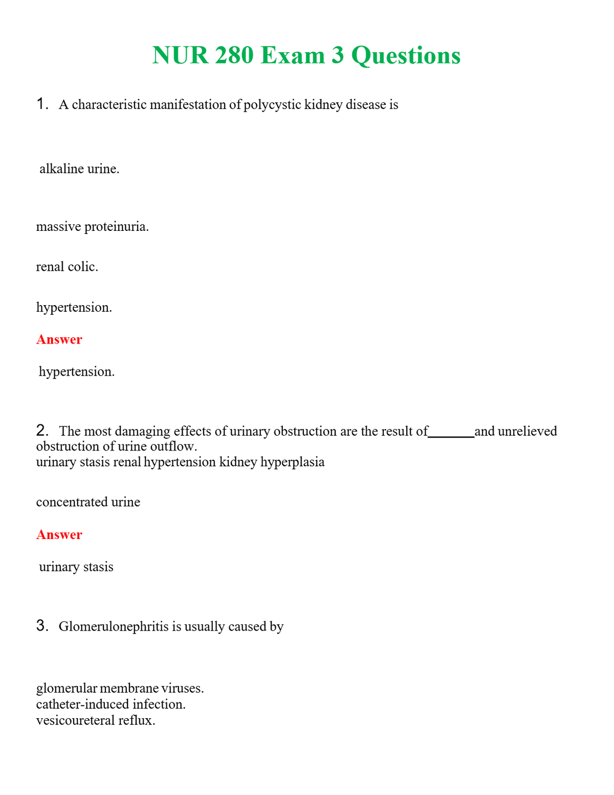 NUR 280 EXAM 3 QUESTIONS | A+ RATED GUIDE | QUESTIONS AND ANSWERS (SOLVED)
