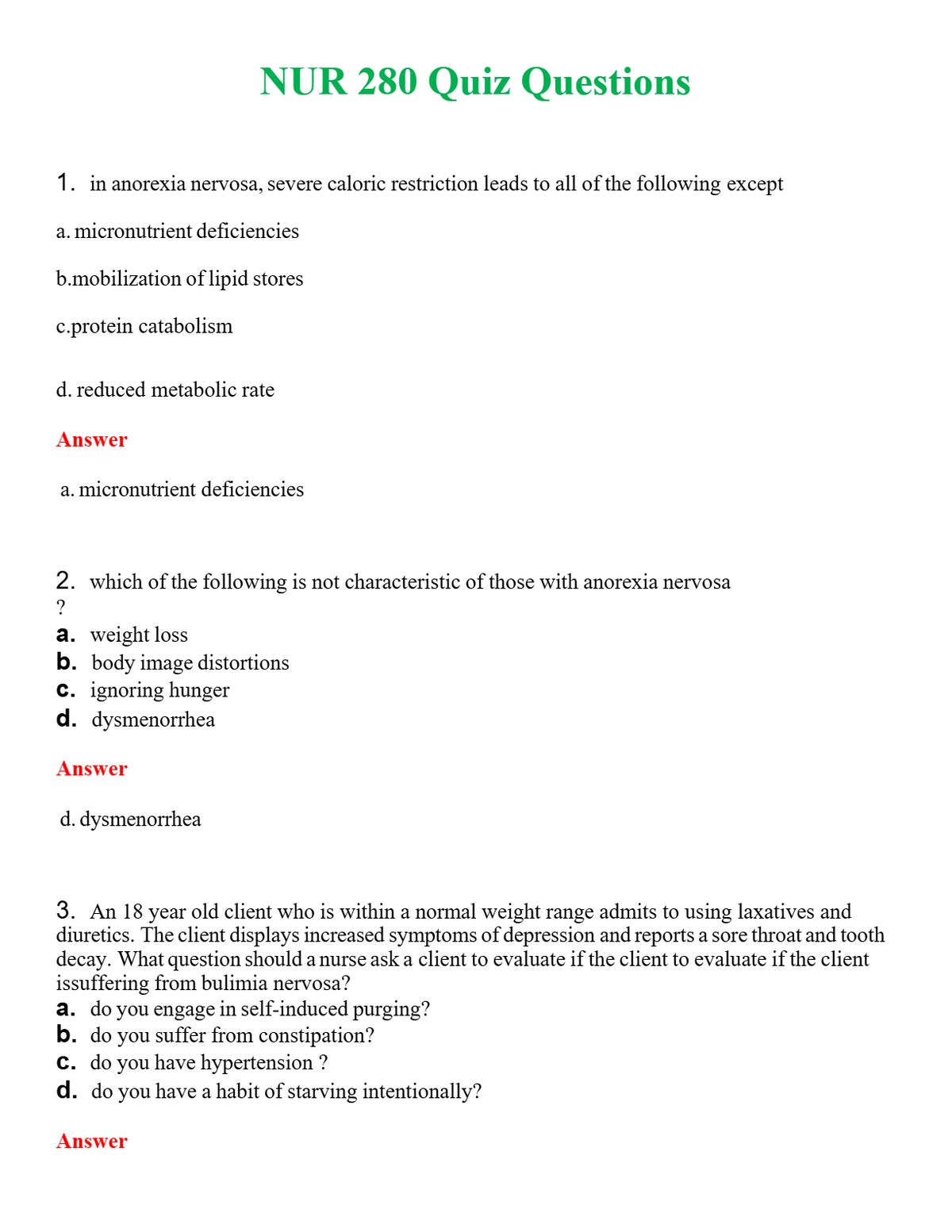 NUR 280 QUIZ QUESTIONS | NEW FULL QUESTIONS AND ANSWERS 100% CORRECT