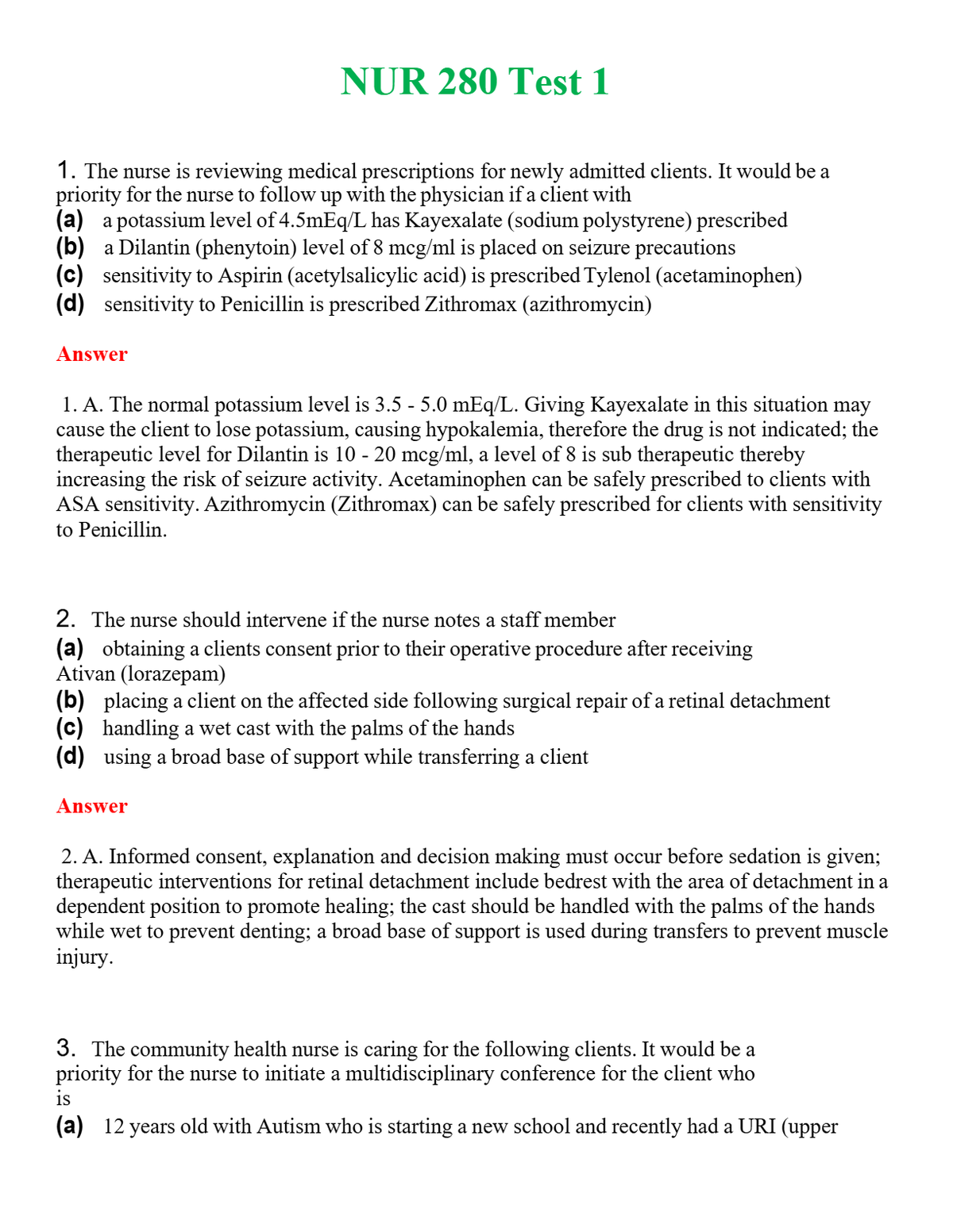 NUR 280 TEST 1 | ACTUAL QUESTIONS AND ANSWERS 100% CORRECT