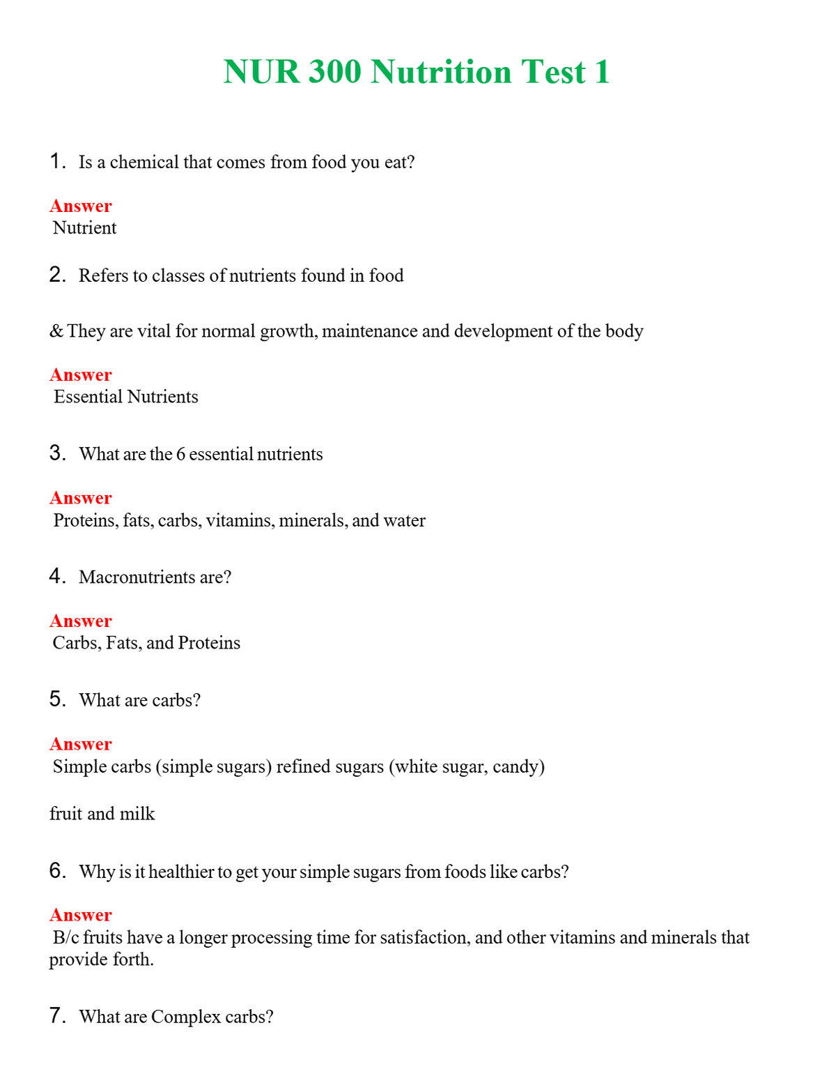 NUR 300 NUTRITION TEST 1 | WITH 100% VERIFIED ANSWERS