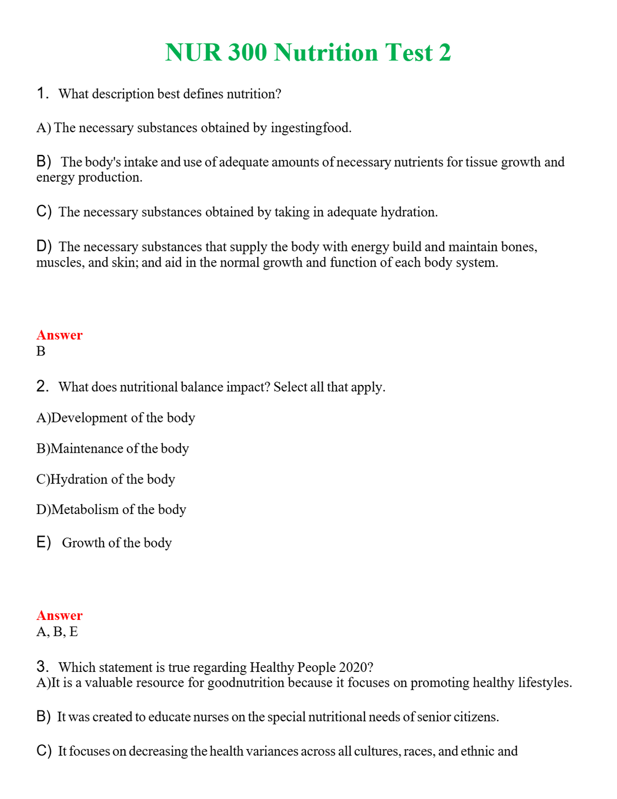 NUR 300 NUTRITION TEST 2 | QUESTIONS & ANSWERS (SOLVED)