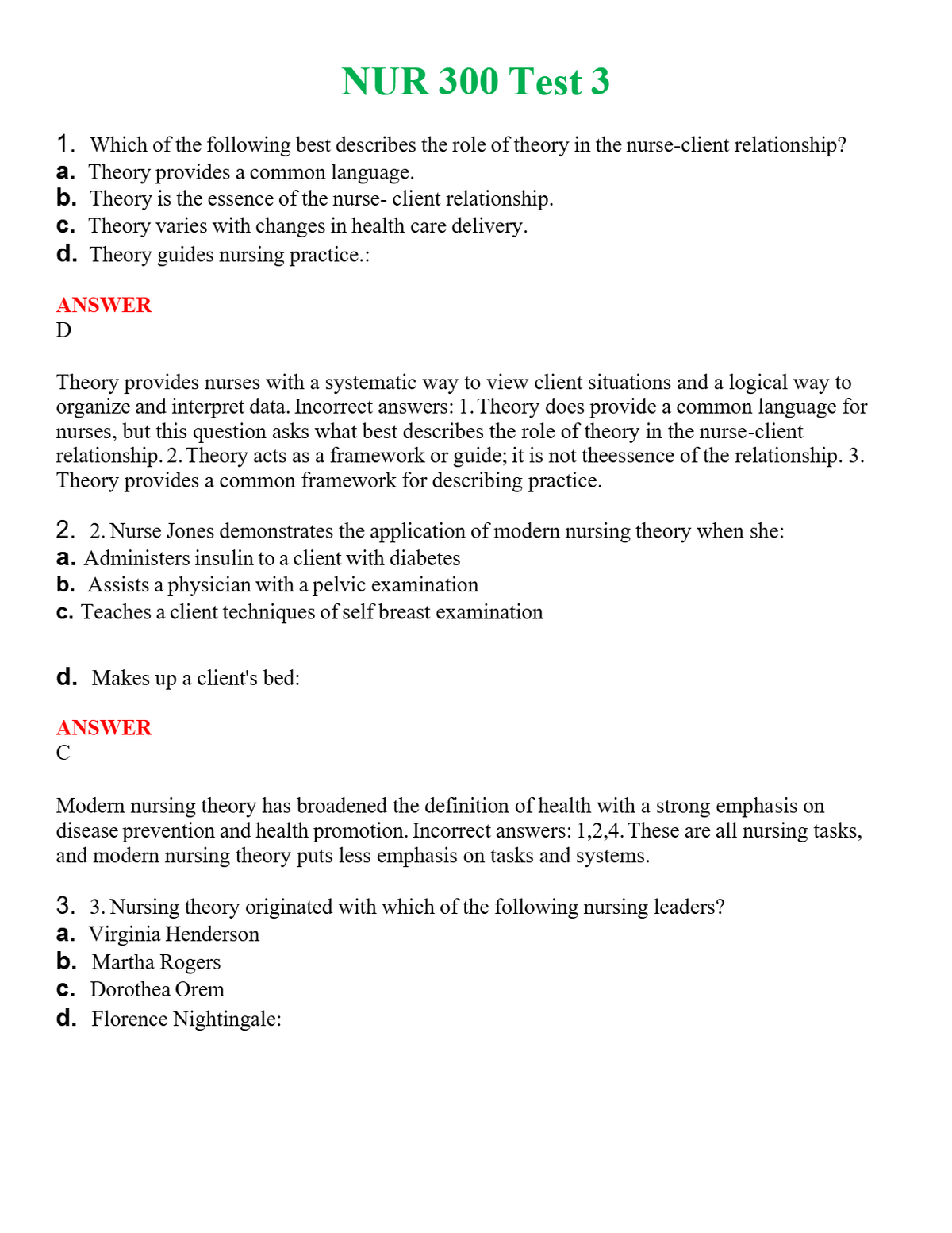 NUR 300 TEST 3 | A+ RATED GUIDE | QUESTIONS AND ANSWERS (SOLVED)
