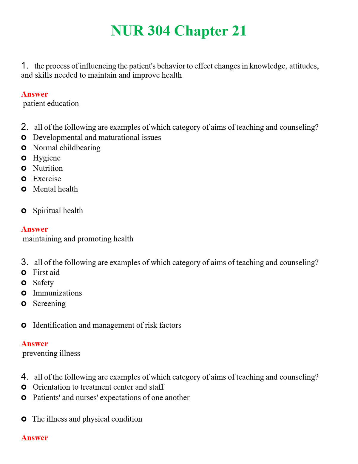 NUR 304 CHAPTER 21 | QUESTIONS AND ANSWERS INCLUDED
