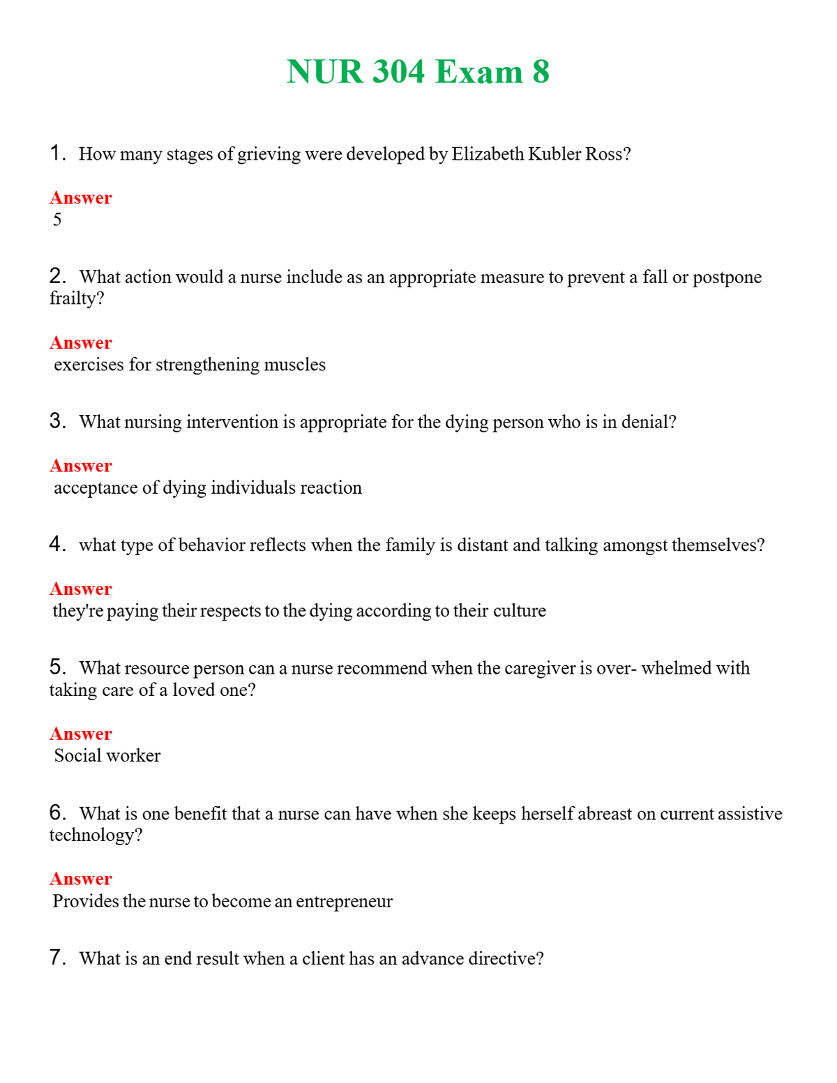 NUR 304 EXAM 8 | WITH 100% VERIFIED ANSWERS