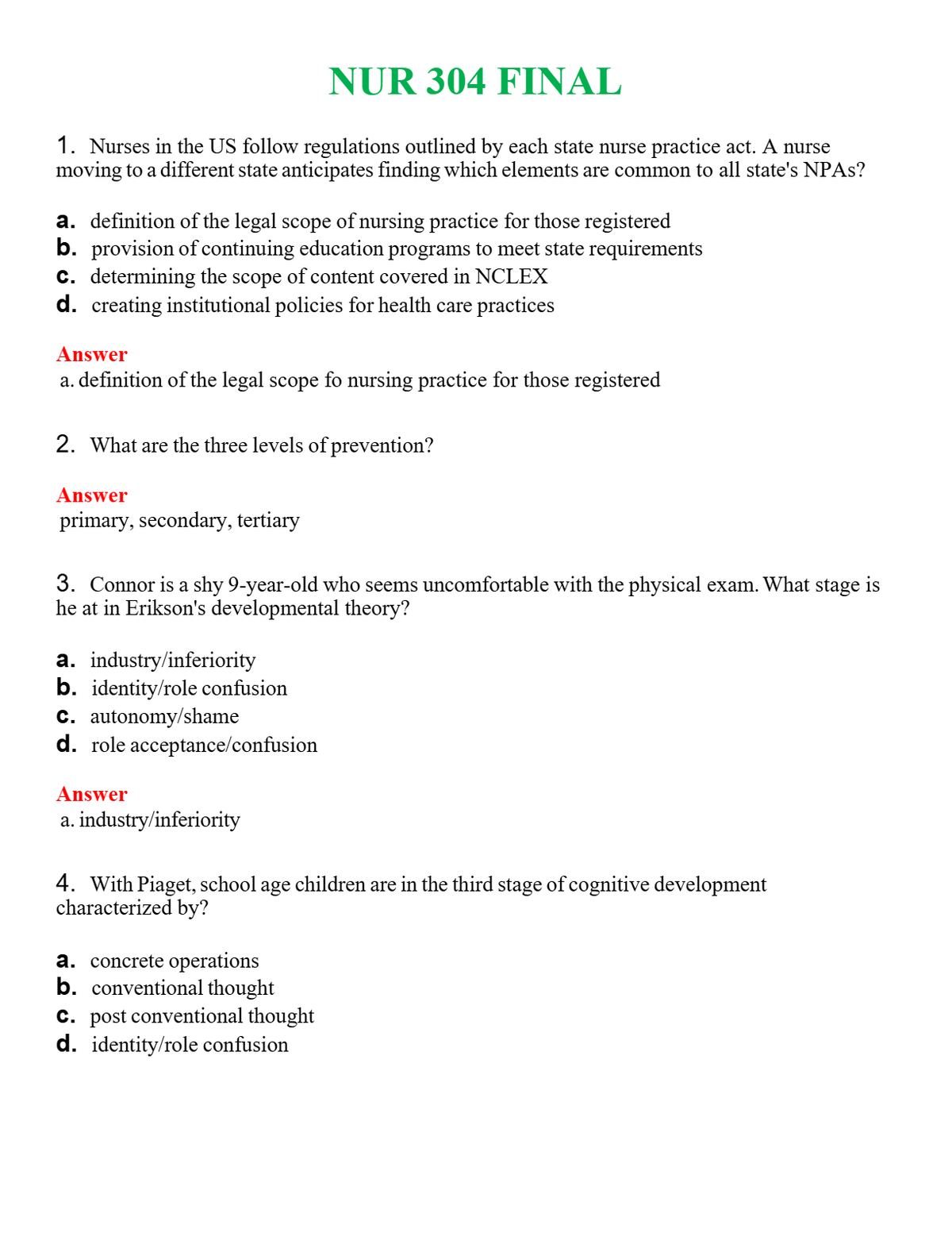 NUR 304 FINAL 2 | (ACTUAL EXAM ) QUESTIONS AND ANSWERS (SOLVED)