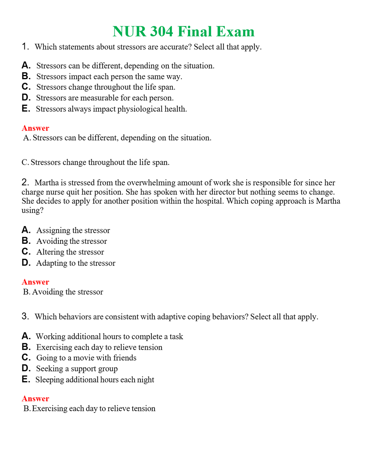 NUR 304 FINAL EXAM | QUESTIONS & ANSWERS (SOLVED)