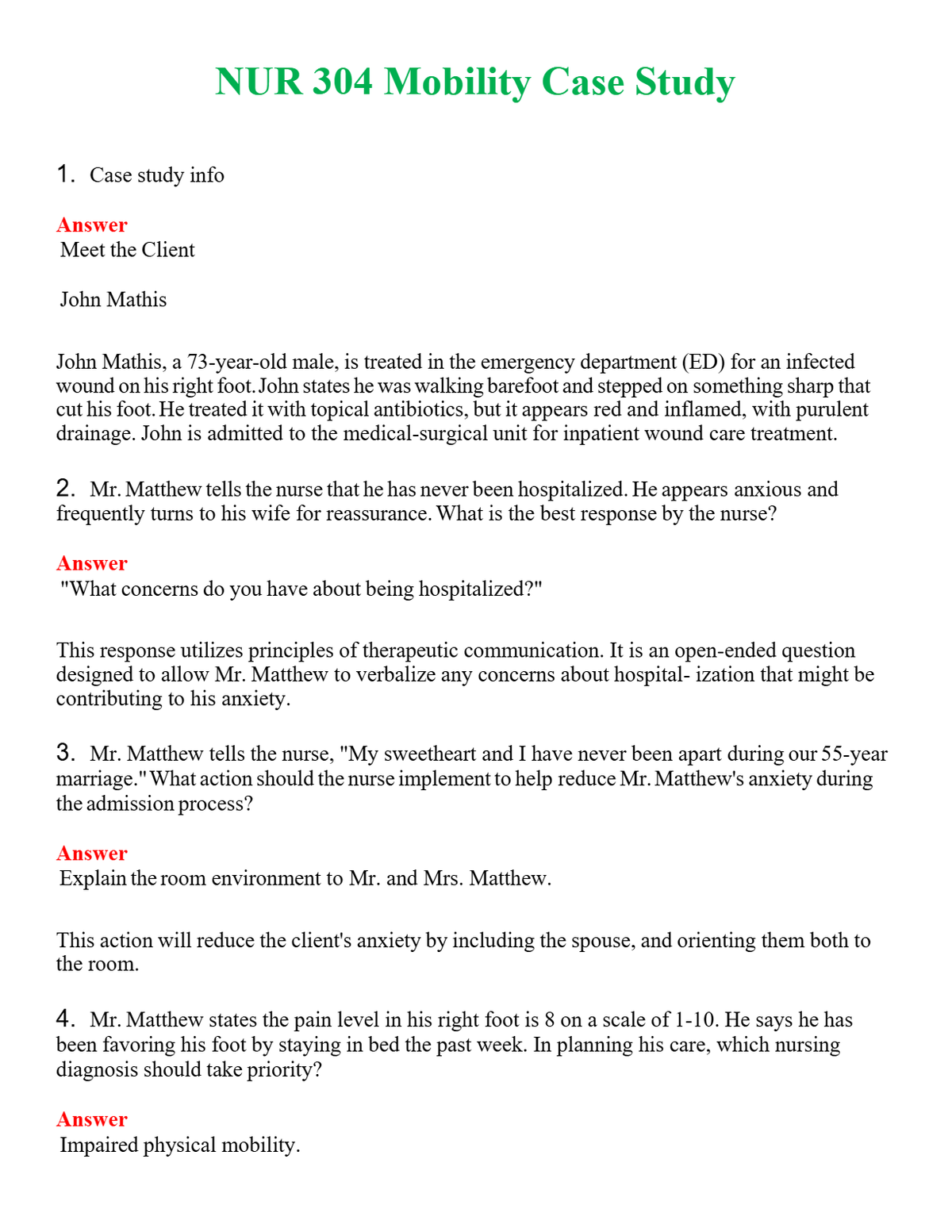 NUR 304 MOBILITY CASE STUDY | GRADED A+ QUESTIONS AND ANSWERS (SOLVE