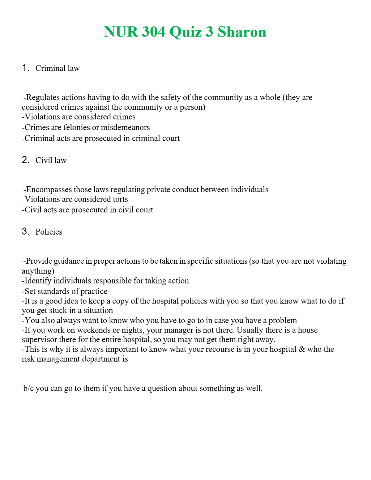 NUR 304 QUIZ 3 SHARON | GRADED A+ QUESTIONS & ANSWERS