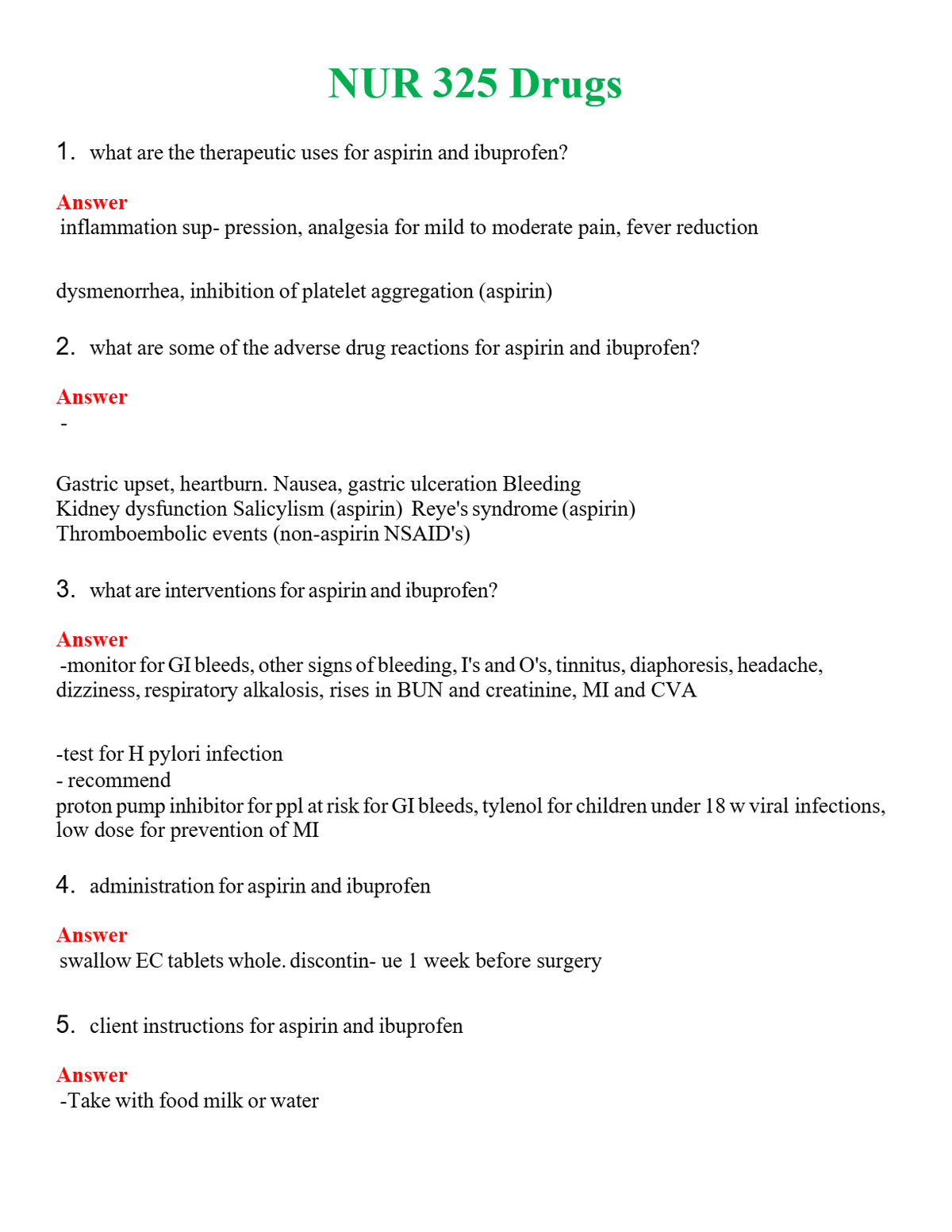 NUR 325 DRUGS | ACTUAL QUESTIONS AND ANSWERS 100% CORRECT