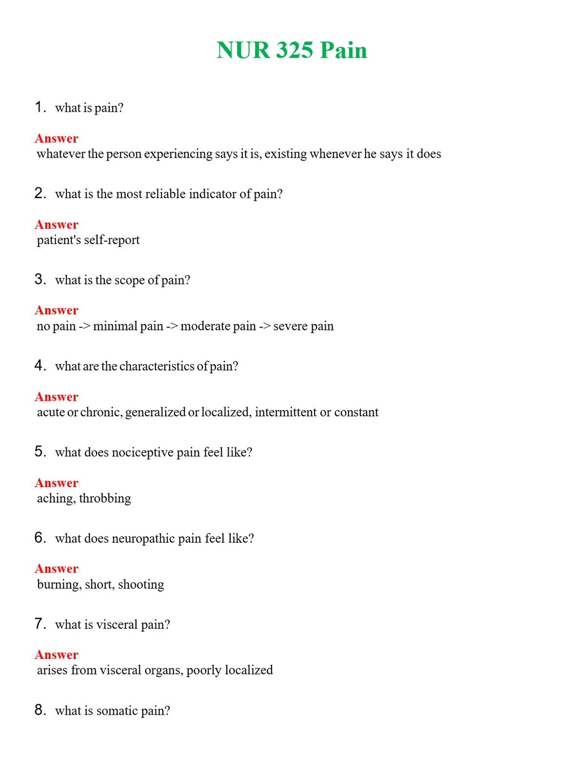 NUR 325 PAIN | A+ RATED GUIDE | QUESTIONS AND ANSWERS (SOLVED)