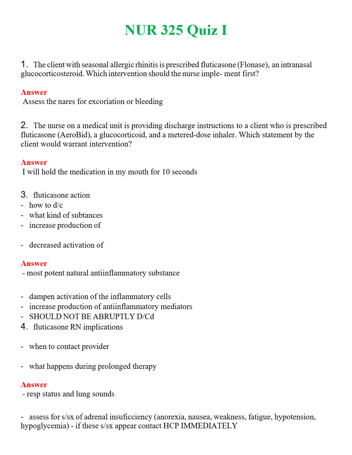 NUR 325 QUIZ I | LATEST QUESTIONS WITH COMPLETE GRADE A++ ANSWERS
