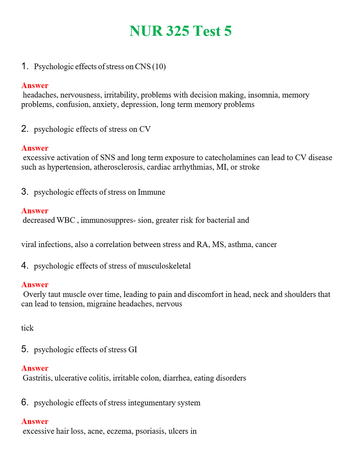 NUR 325 TEST 5 | A+ RATED GUIDE | QUESTIONS AND ANSWERS (SOLVED)