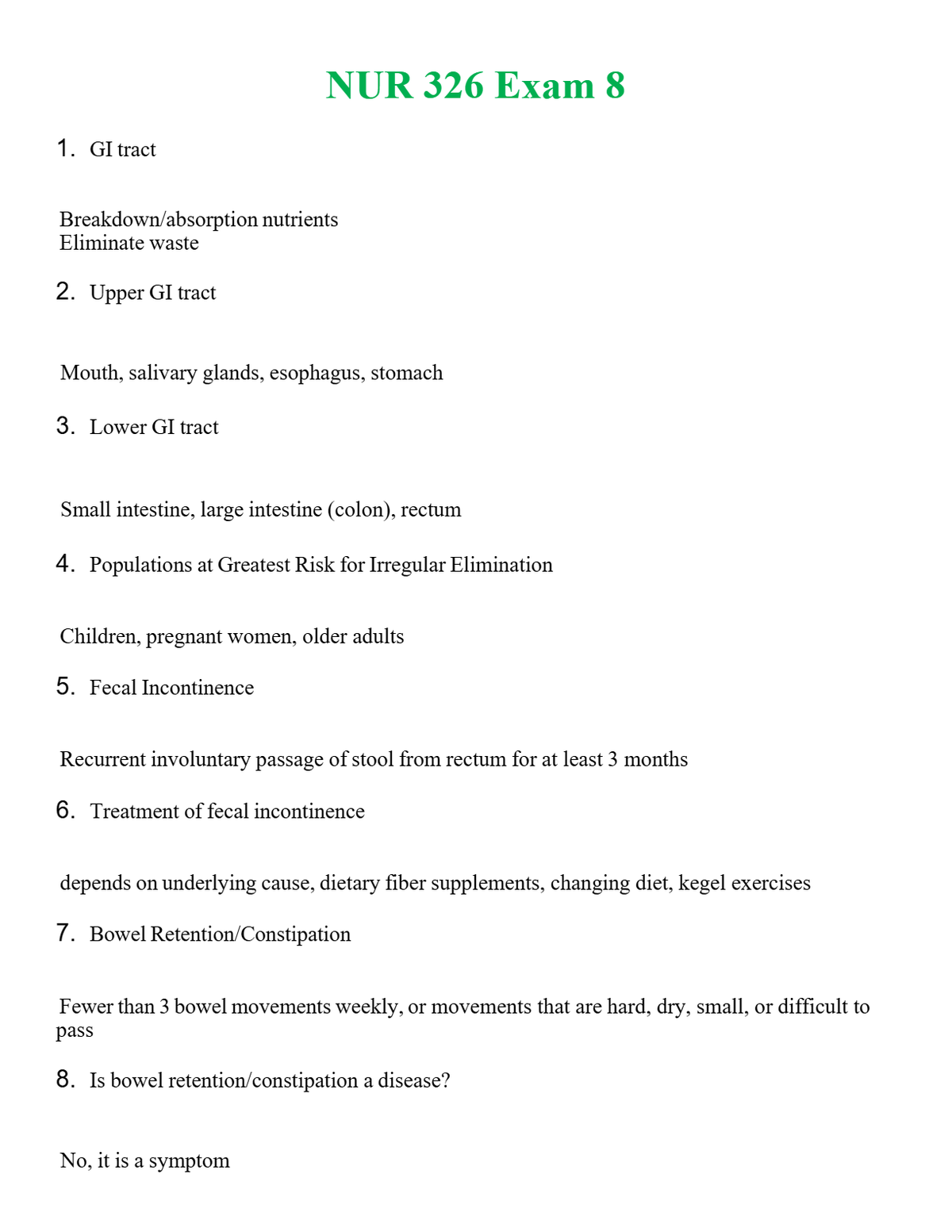 NUR 326 EXAM 8 | QUESTIONS & ANSWERS (SOLVED)