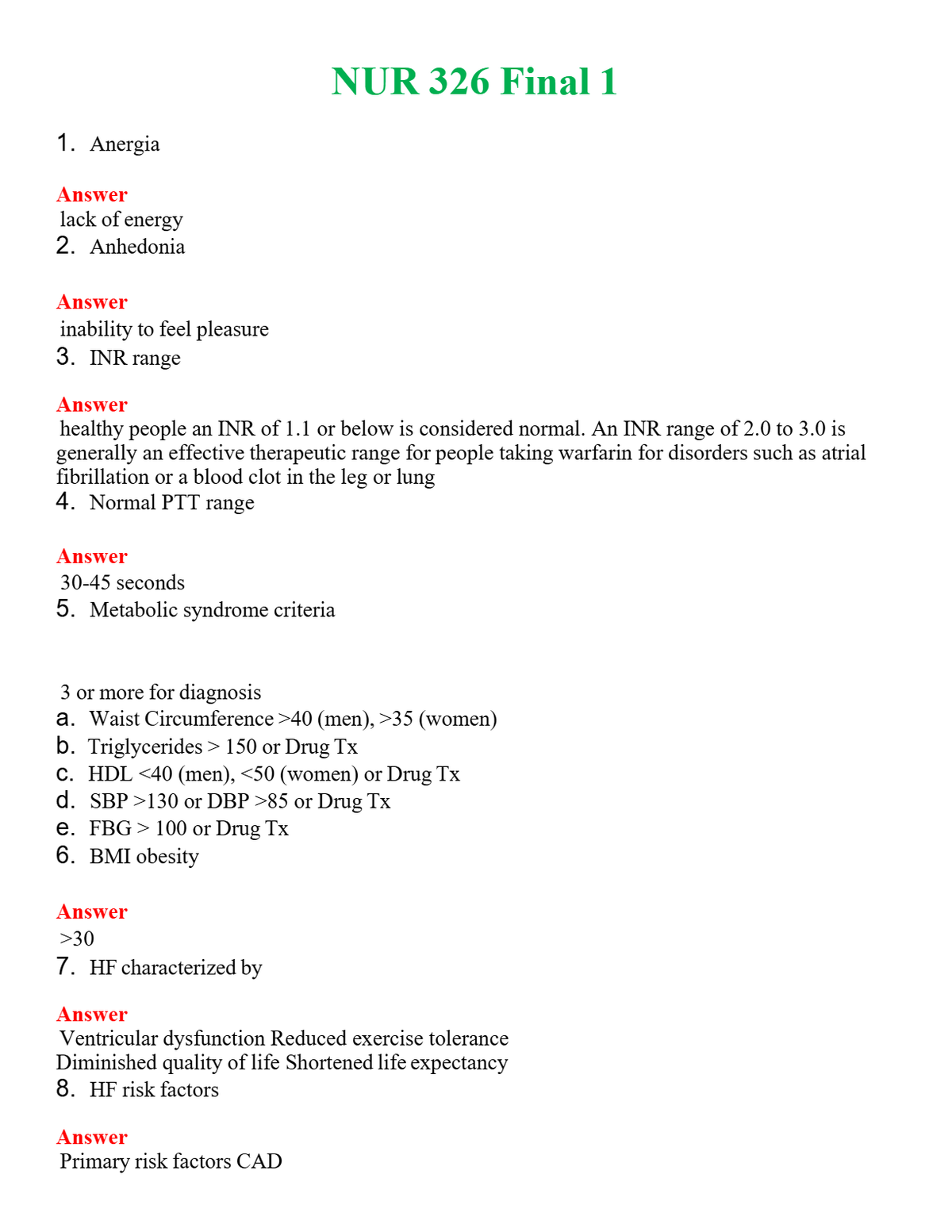 NUR 326 FINAL 1 | QUESTIONS AND ANSWERS INCLUDED