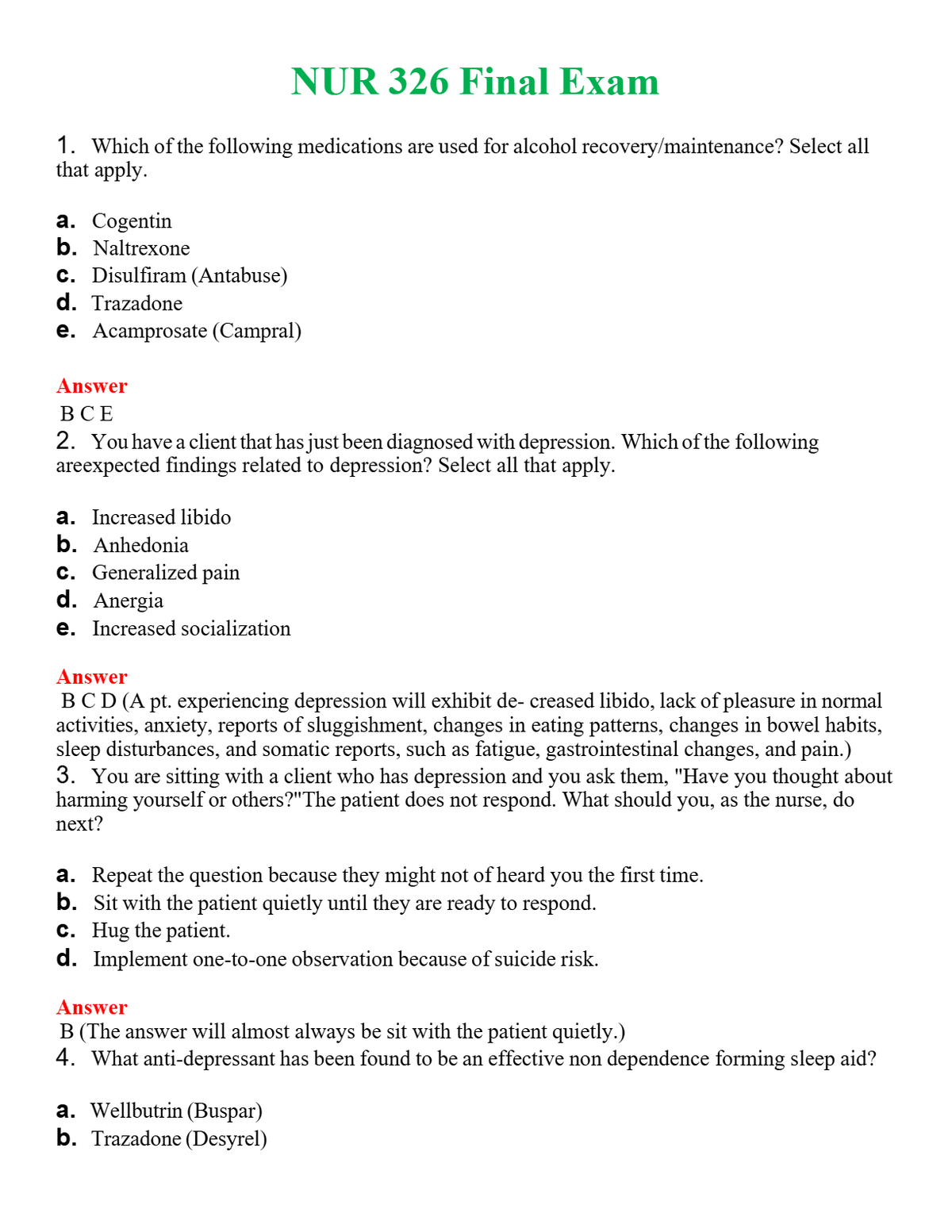 NUR 326 FINAL EXAM | NEW FULL QUESTIONS AND ANSWERS 100% CORRECT