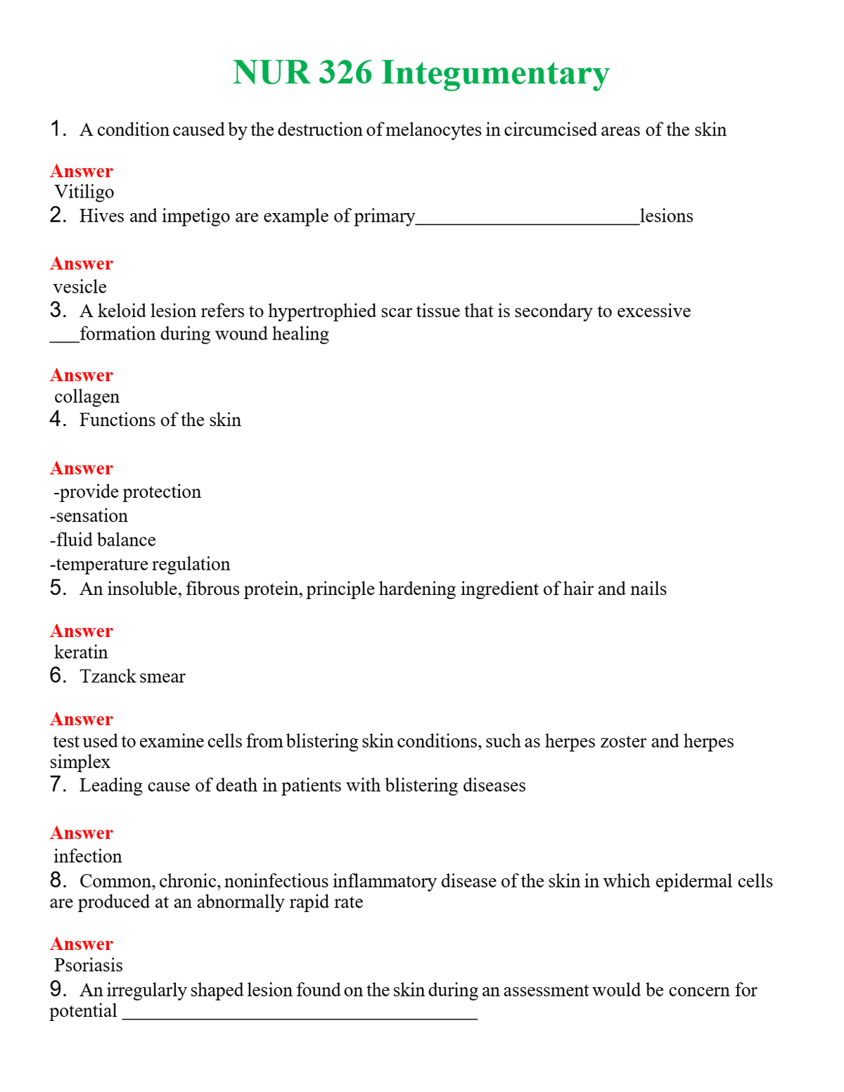 NUR 326 INTEGUMENTARY | QUESTIONS AND ANSWERS INCLUDED