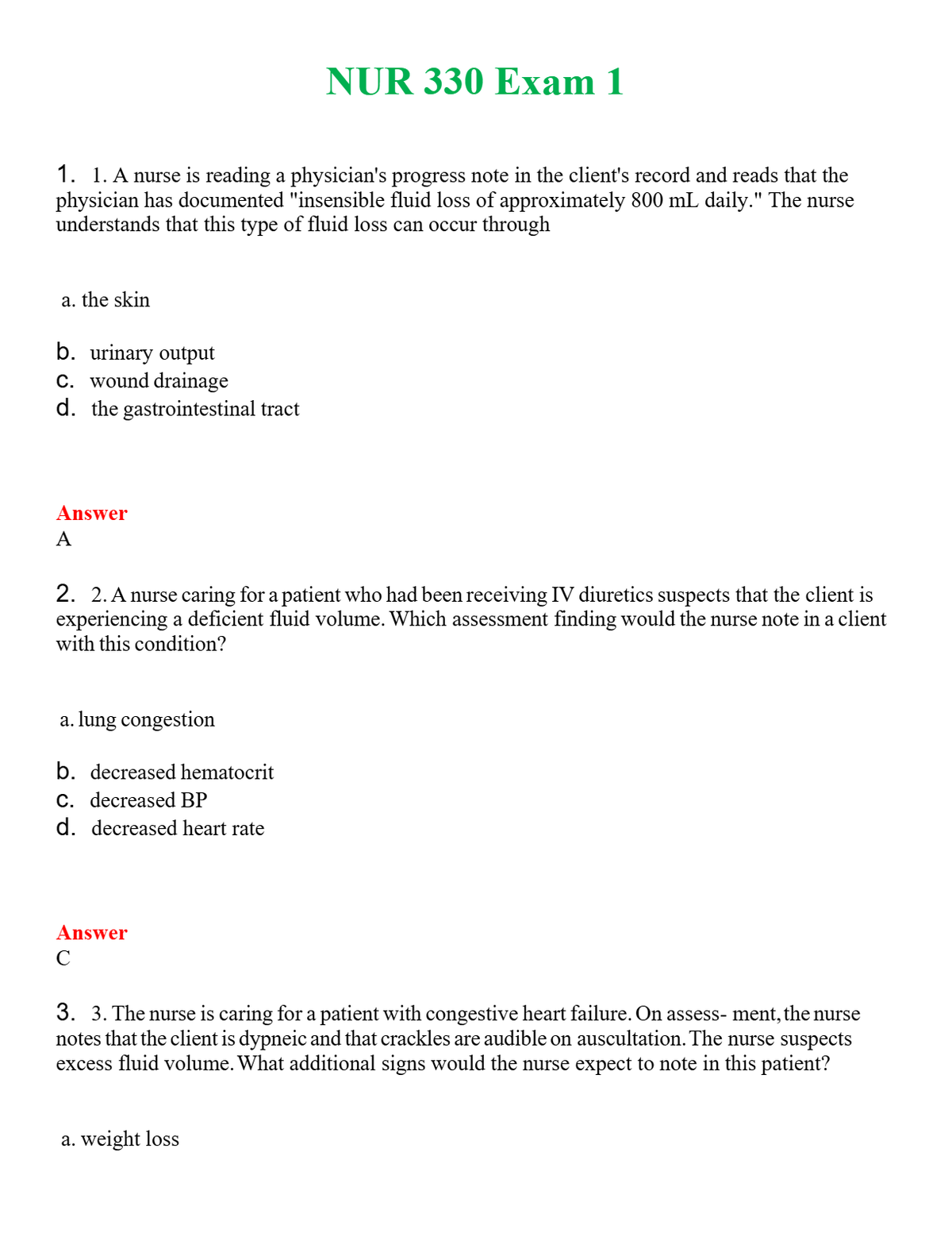NUR 330 EXAM 1 | (ACTUAL EXAM ) QUESTIONS AND ANSWERS (SOLVED)
