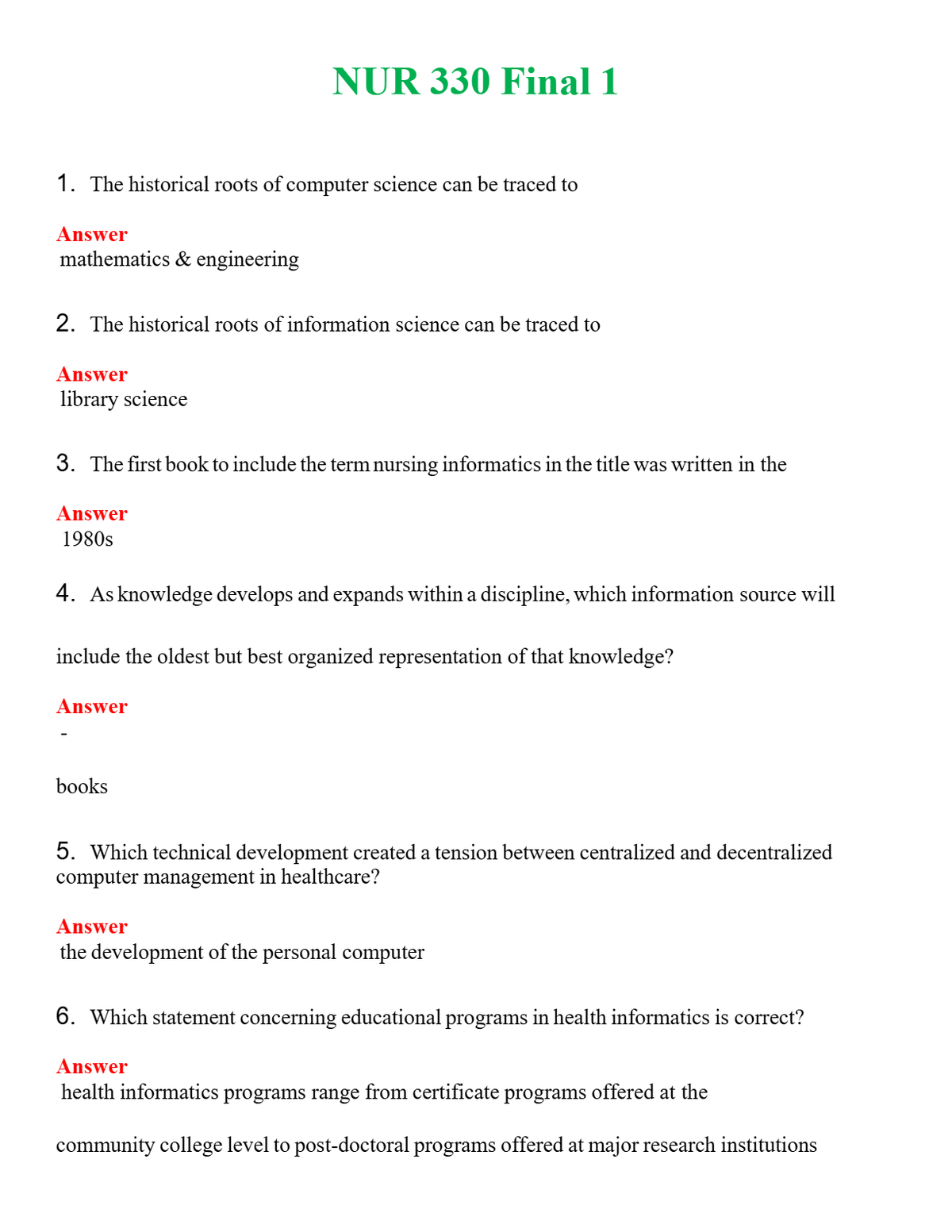 NUR 330 FINAL 1 | QUESTIONS & ANSWERS (SOLVED)