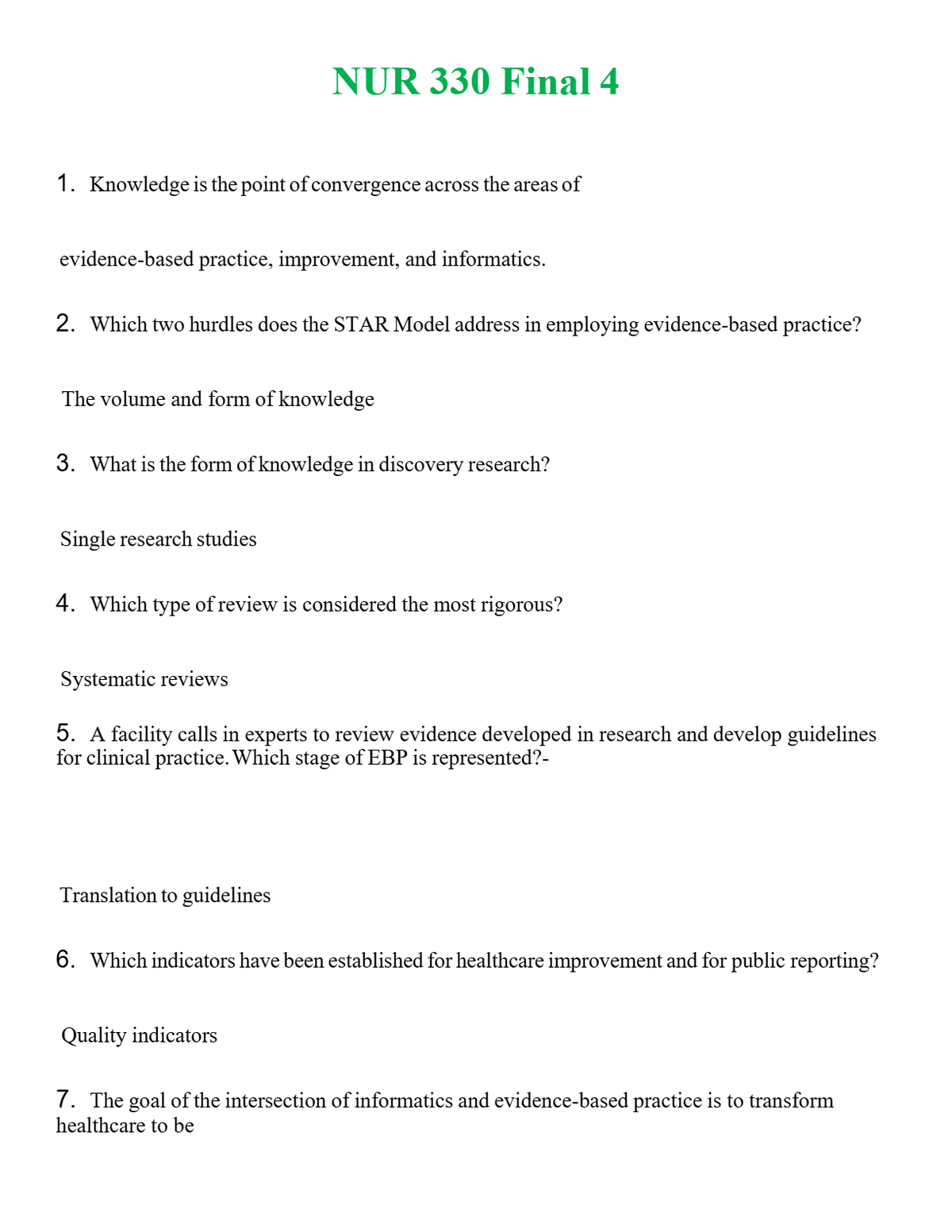 NUR 330 FINAL 4 | A+ RATED GUIDE | QUESTIONS AND ANSWERS (SOLVED)